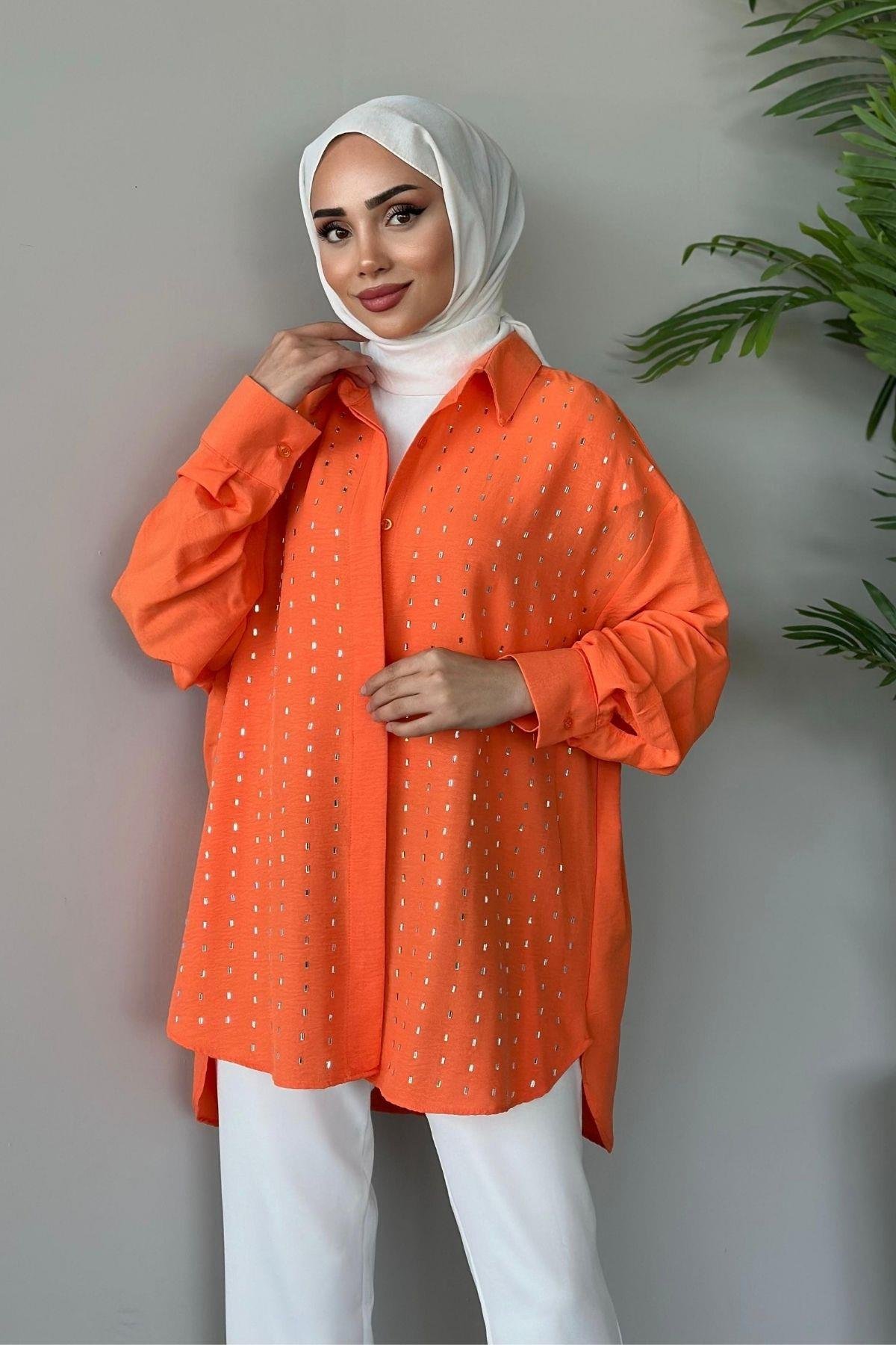Baget Taşlı Tunik Turuncu, Fiyatları Haza Moda | Tesettür Giyim | Baget Taşlı Tunik Turuncu