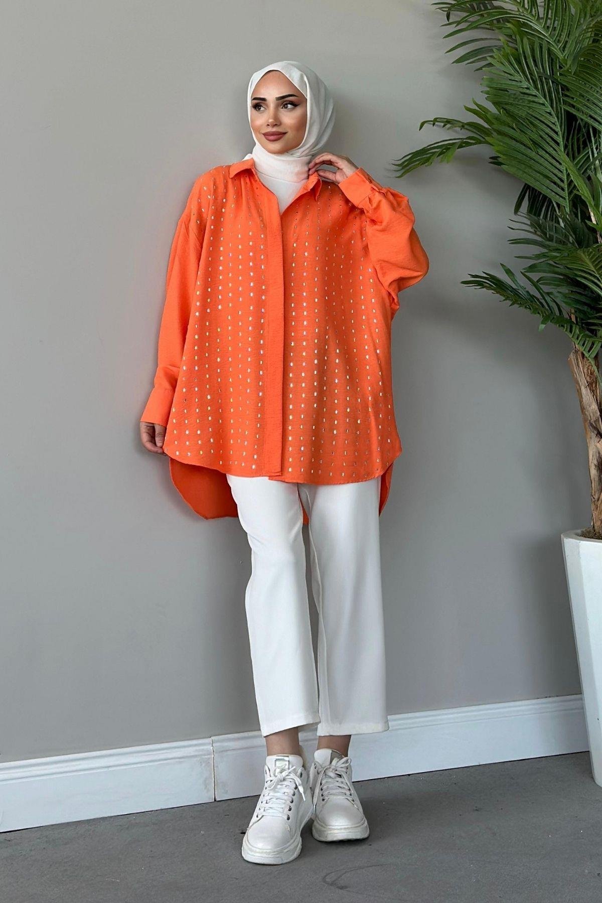 Baget Taşlı Tunik Turuncu, Fiyatları Haza Moda | Tesettür Giyim | Baget Taşlı Tunik Turuncu