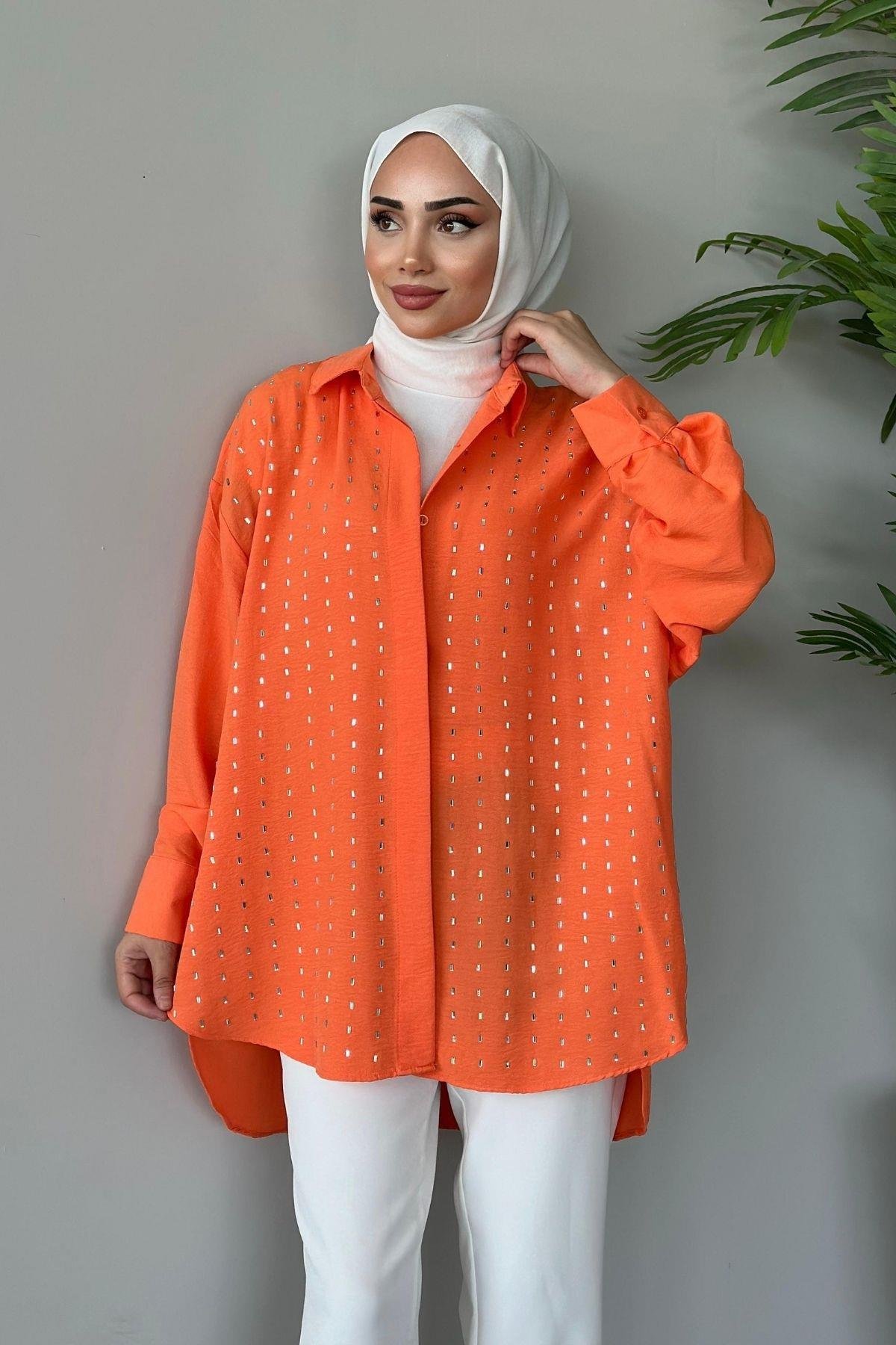 Baget Taşlı Tunik Turuncu, Fiyatları Haza Moda | Tesettür Giyim | Baget Taşlı Tunik Turuncu