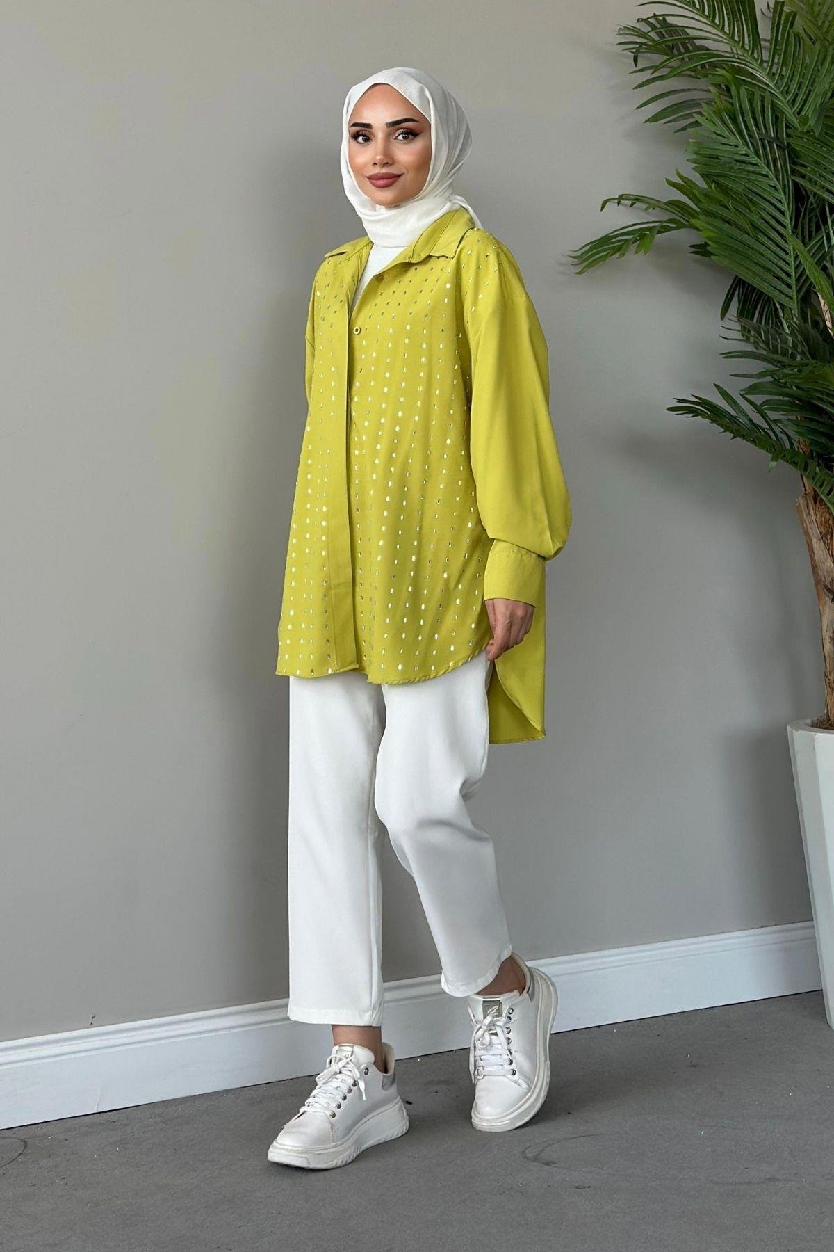 Baget Taşlı Tunik Yağyeşili, Fiyatları Haza Moda | Tesettür Giyim | Baget Taşlı Tunik Yağyeşili