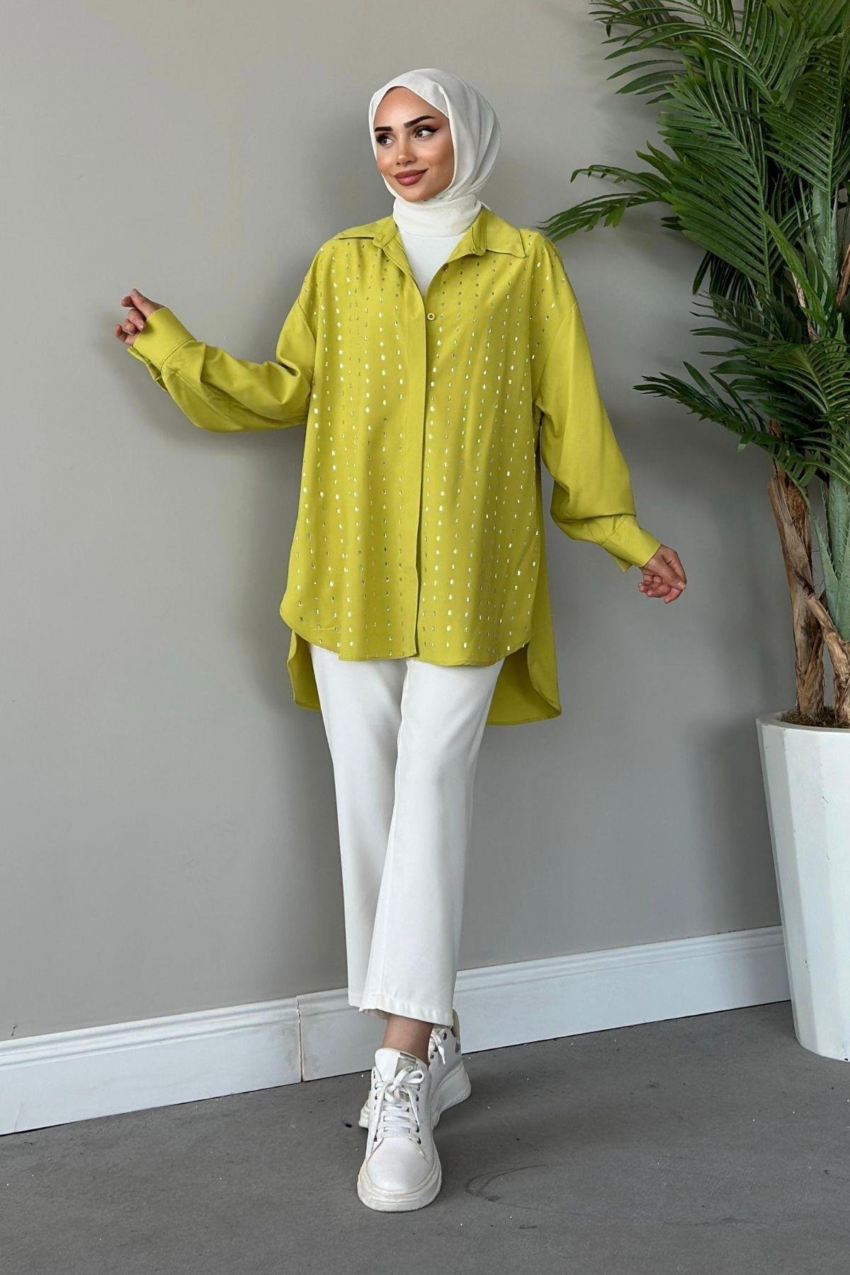 Baget Taşlı Tunik Yağyeşili, Fiyatları Haza Moda | Tesettür Giyim | Baget Taşlı Tunik Yağyeşili