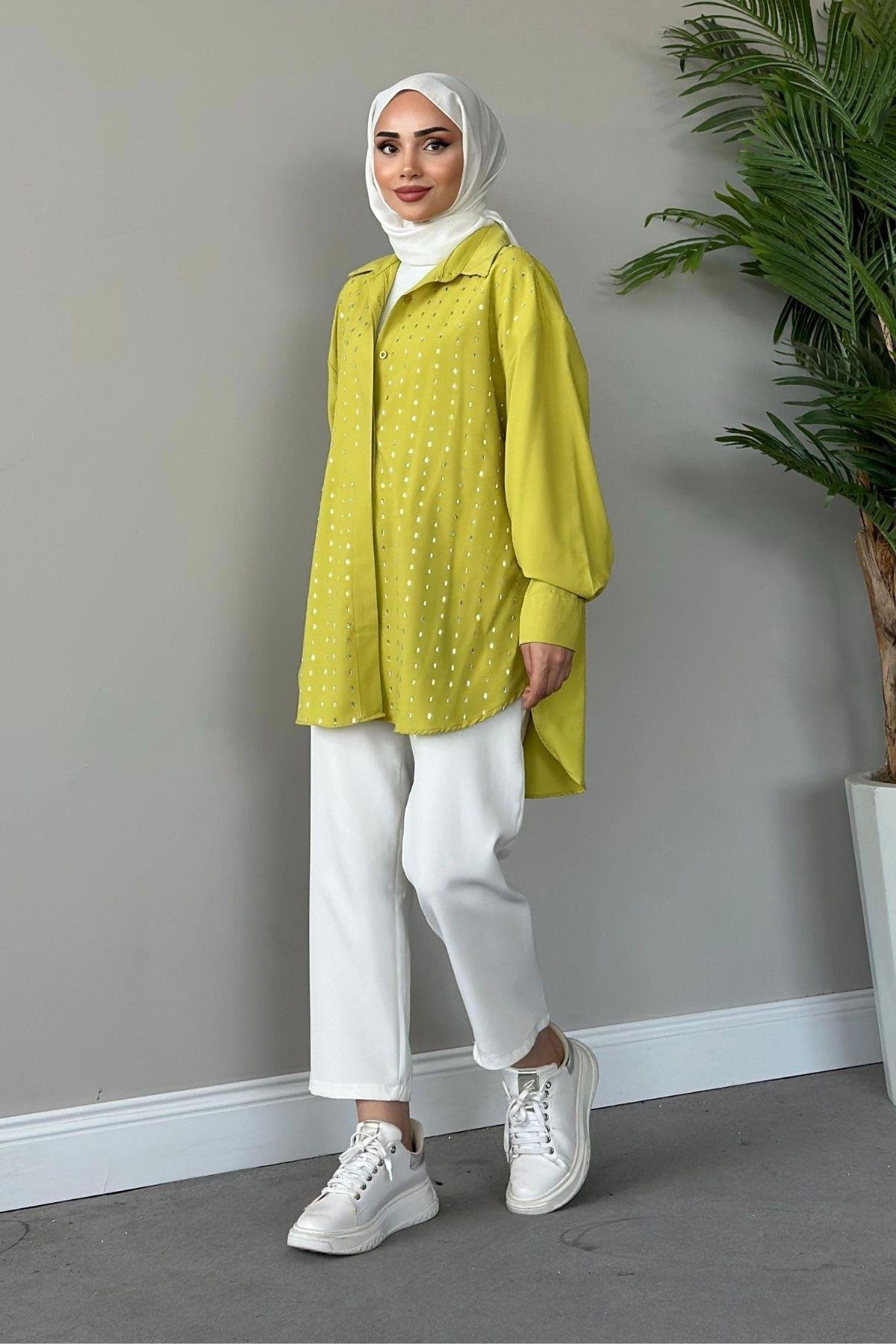 Baget Taşlı Tunik Yağyeşili, Fiyatları Haza Moda | Tesettür Giyim | Baget Taşlı Tunik Yağyeşili