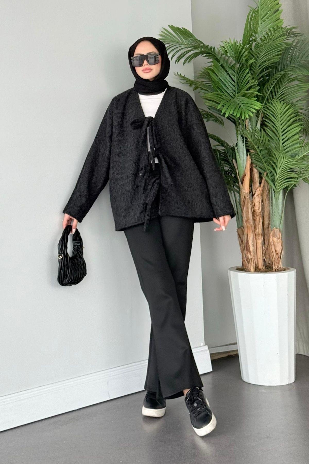 Bağlamalı Kırçıl Kaşe Ceket Siyah, Fiyatları 