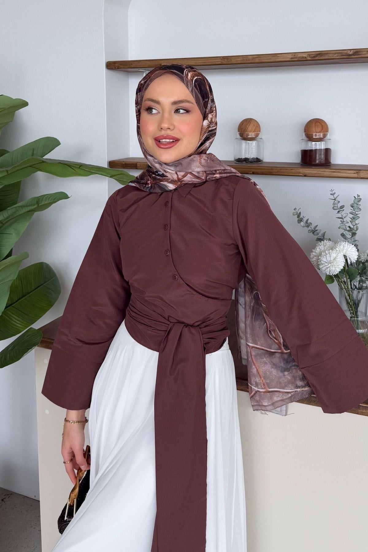 Bağlamalı Yarım Gömlek Acı Kahve, Fiyatları Bağlamalı Yarım Gömlek Acıkahve - Haza Moda 