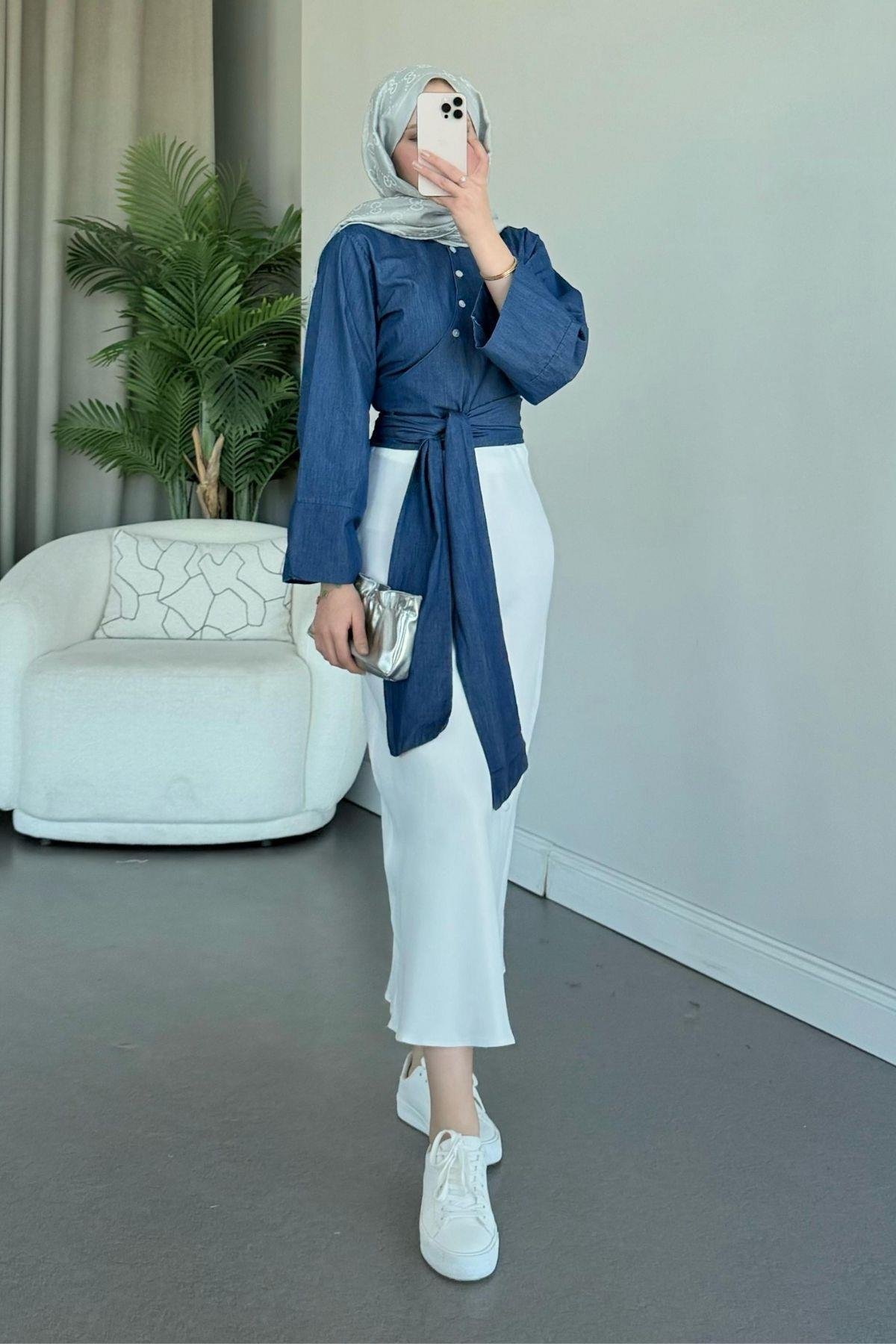 Bağlamalı Yarım Gömlek Koyu Mavi, Fiyatları Bağlamalı Yarım Gömlek Koyu Mavi - Haza Moda 