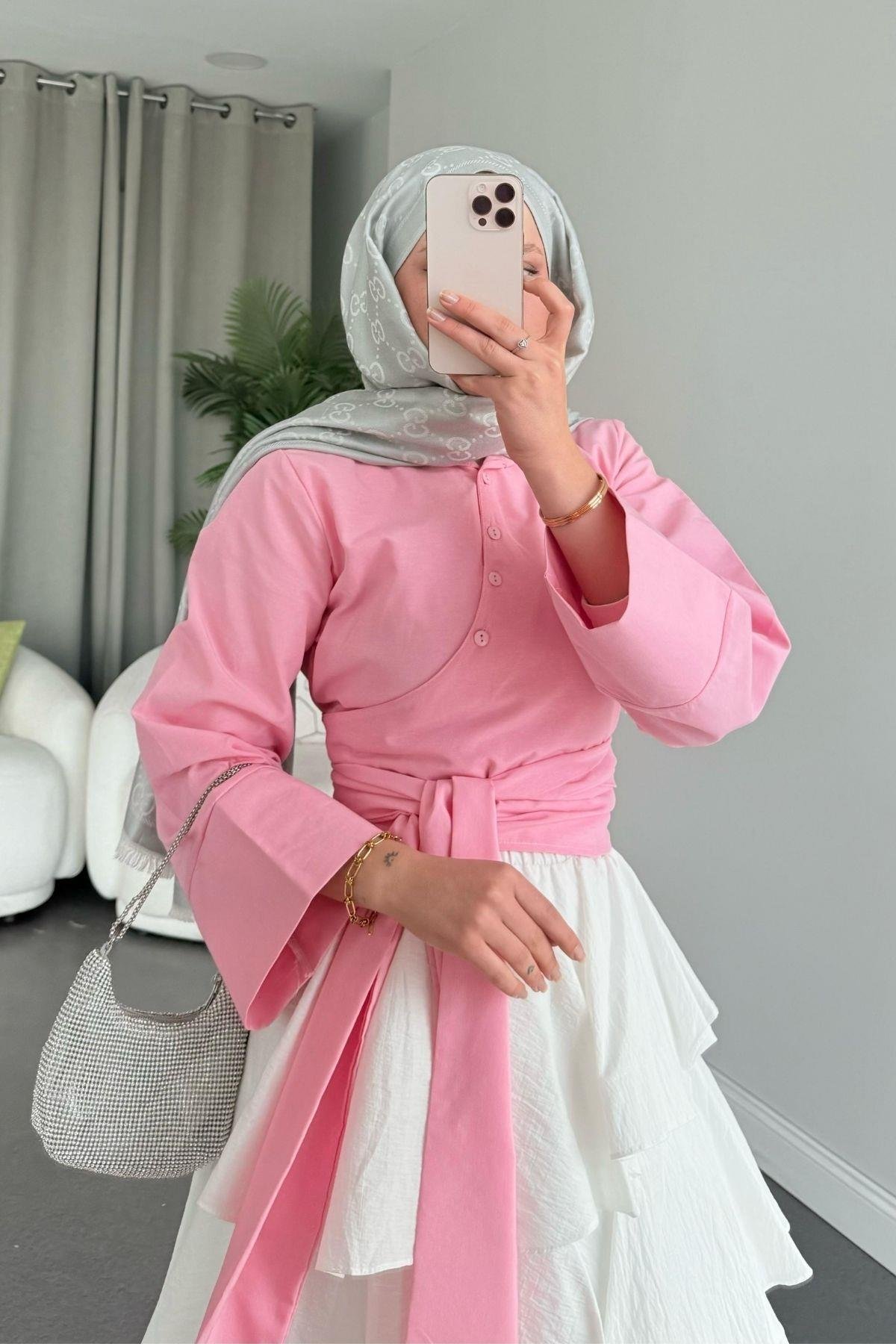 Bağlamalı Yarım Gömlek Pembe, Fiyatları Bağlamalı Yarım Gömlek Pembe - Haza Moda 