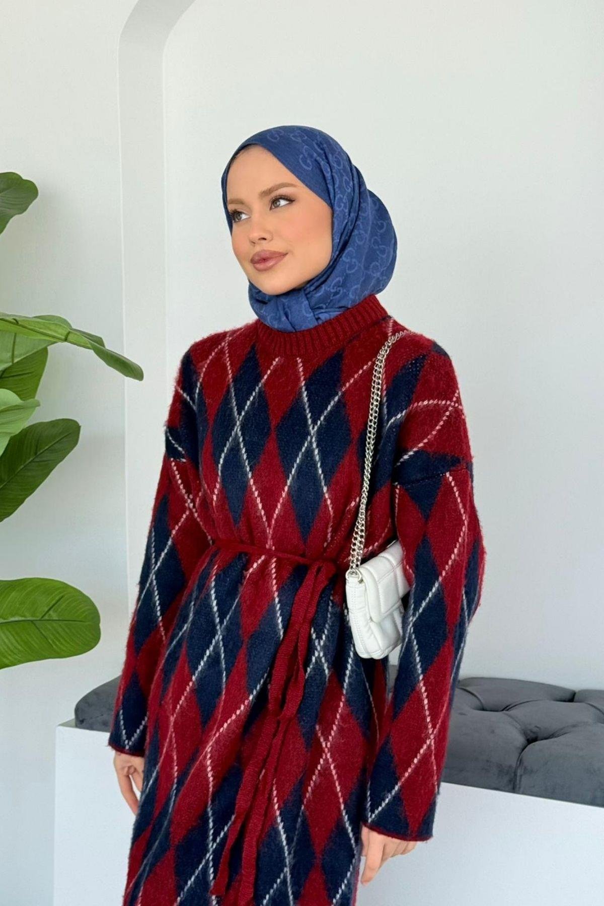 Baklava Desenli Triko Elbise Bordo, Fiyatları Baklava Desenli Triko Elbise Bordo| Haza Moda