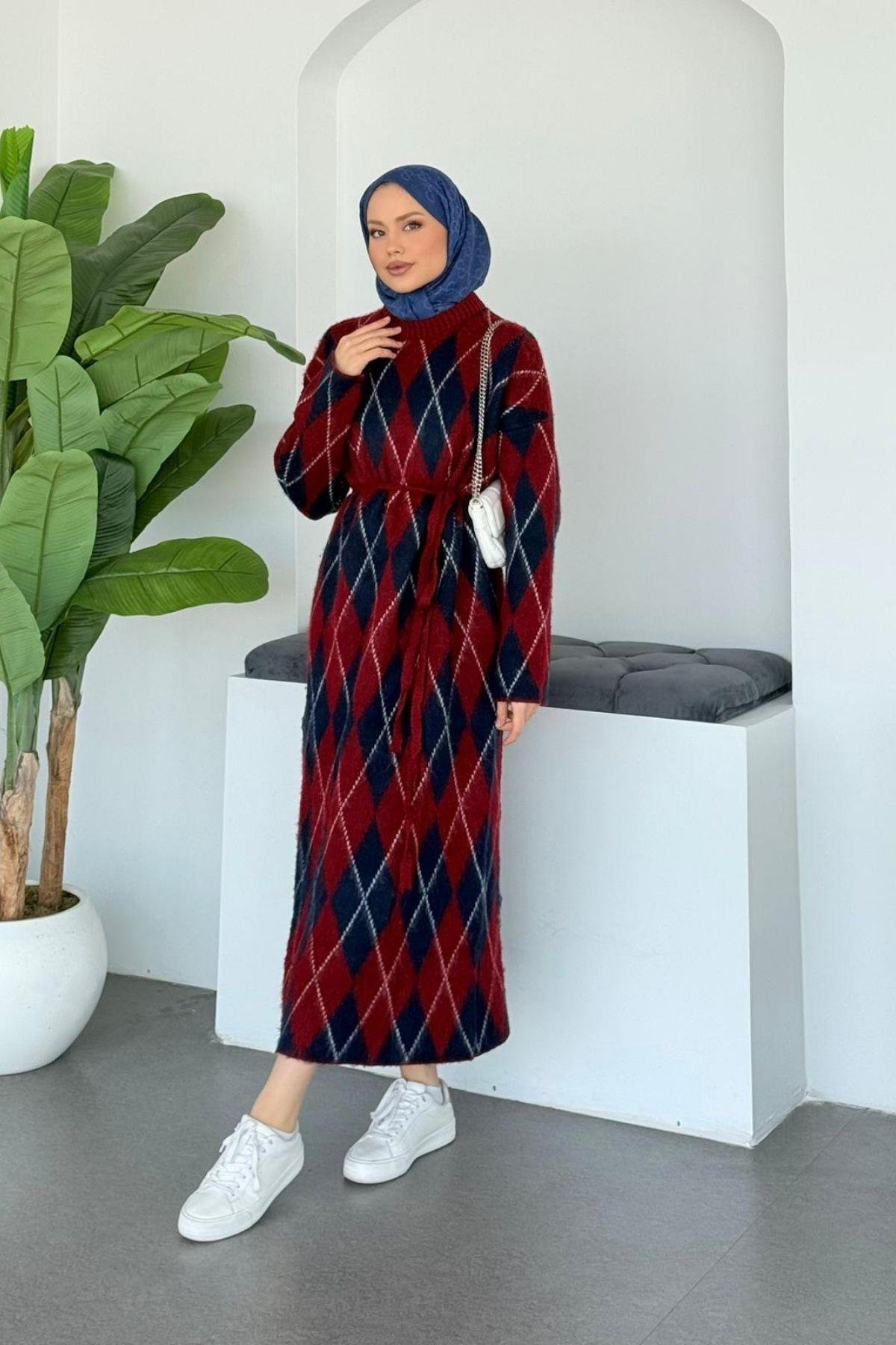 Baklava Desenli Triko Elbise Bordo, Fiyatları Baklava Desenli Triko Elbise Bordo| Haza Moda