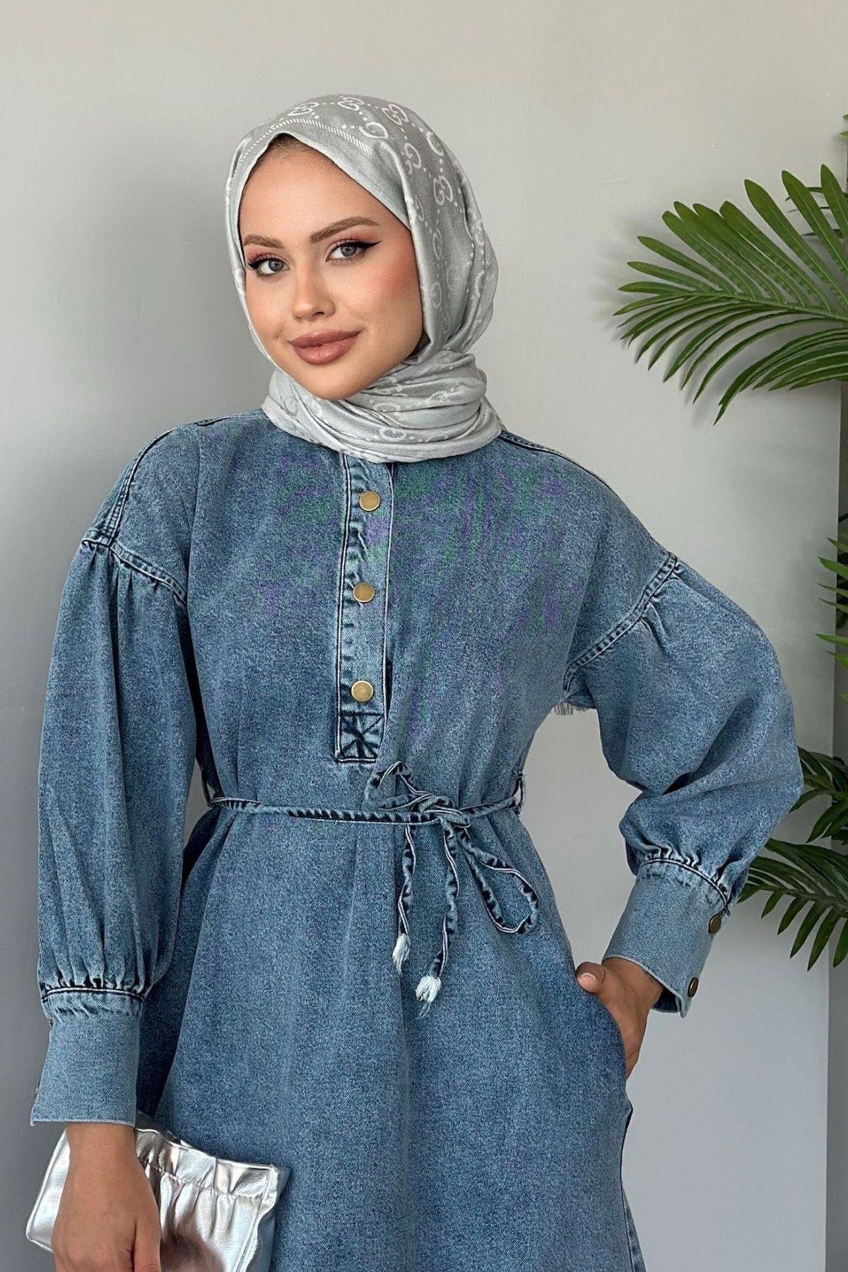 Balon Kol Kot Elbise Mavi, Fiyatları 