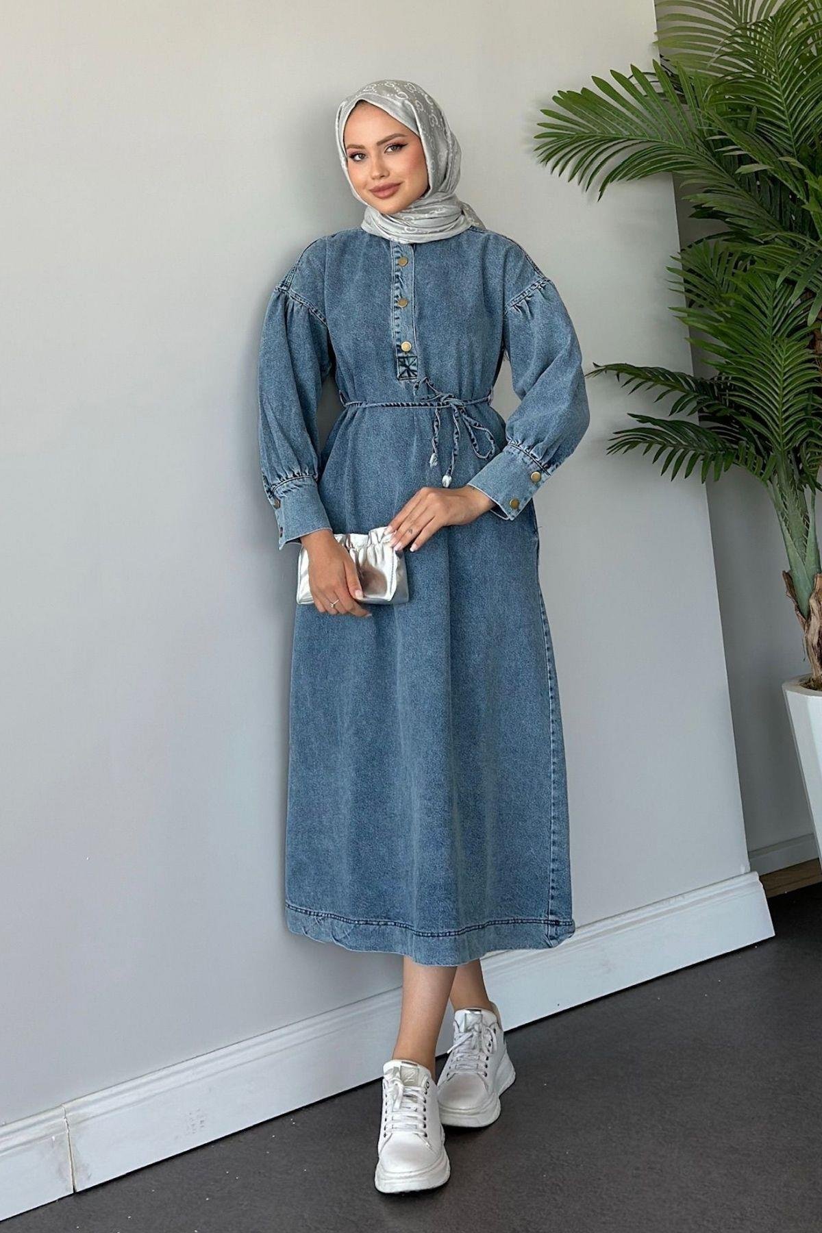 Balon Kol Kot Elbise Mavi, Fiyatları 