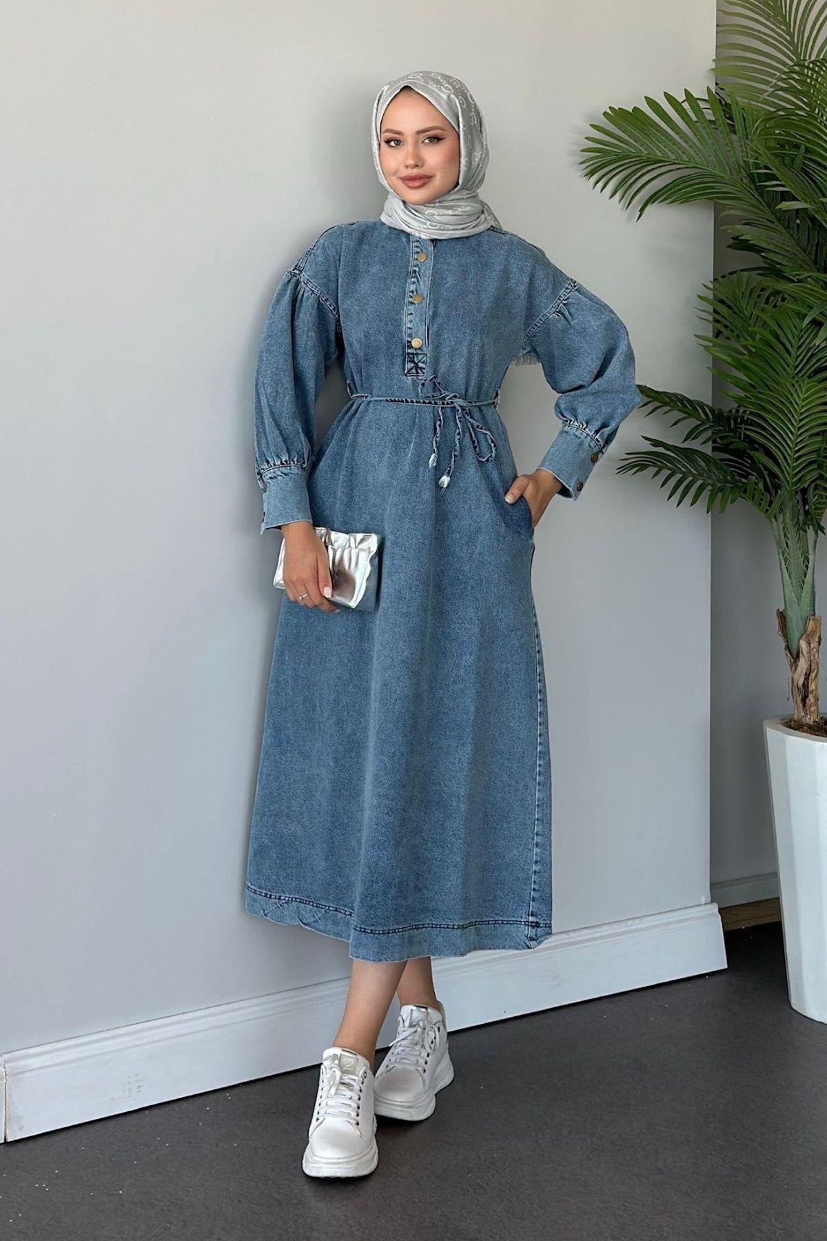 Balon Kol Kot Elbise Mavi, Fiyatları 