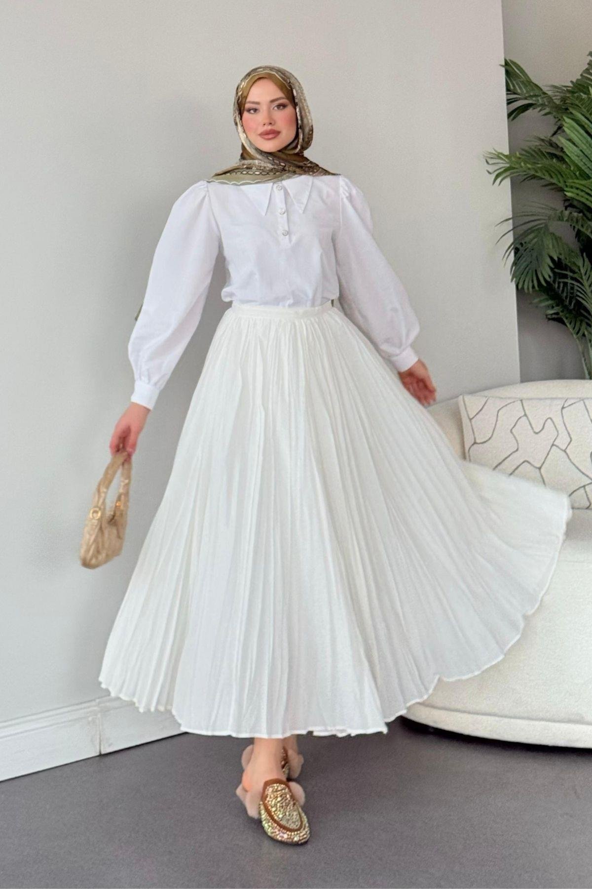 Begonya Etek Ekru, Fiyatları Haza Moda | Tesettür Giyim | Begonya Etek Ekru
