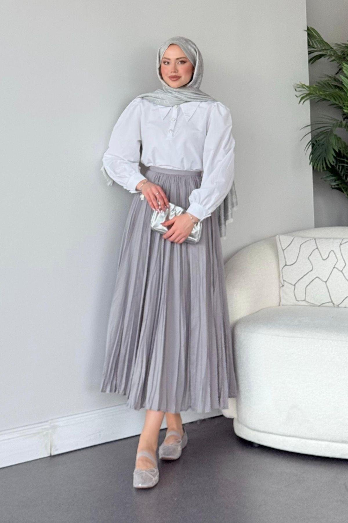 Begonya Etek Gri, Fiyatları Haza Moda | Tesettür Giyim | Begonya Etek Gri