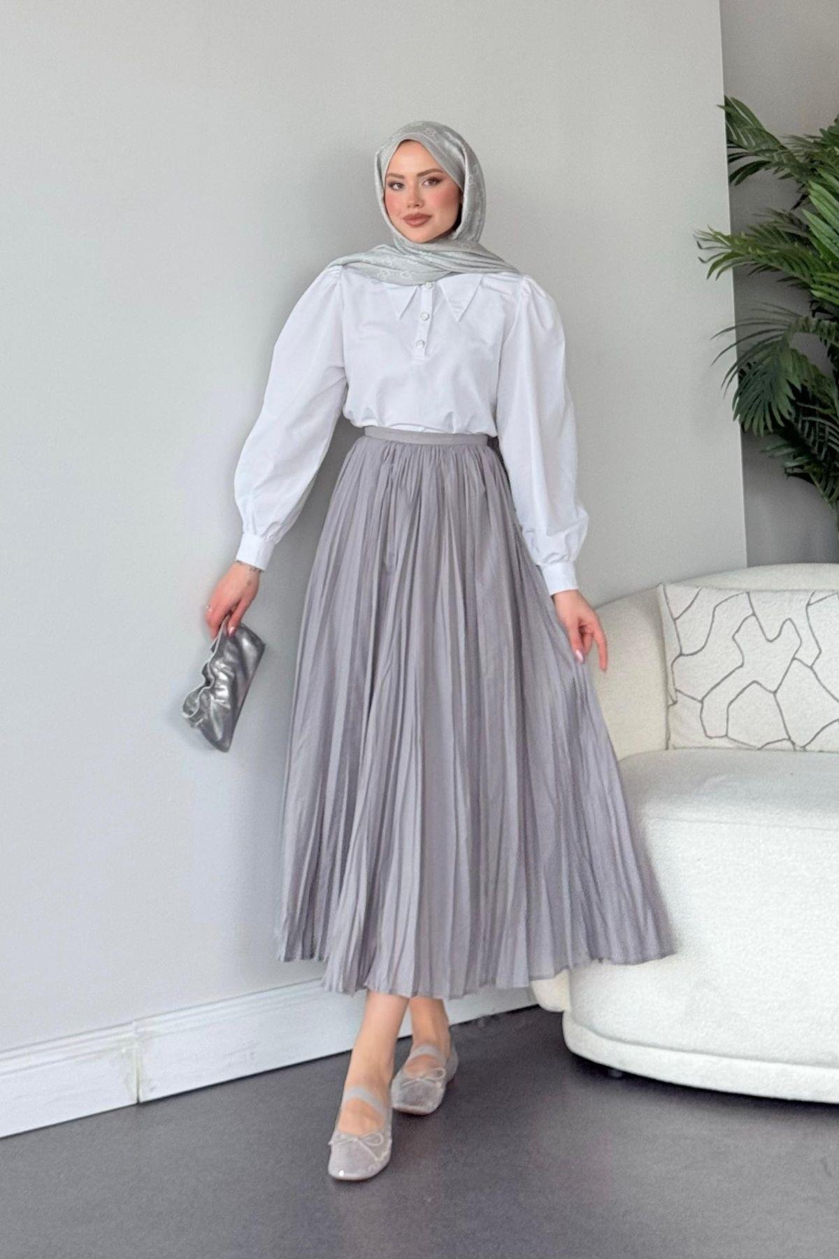 Begonya Etek Gri, Fiyatları Haza Moda | Tesettür Giyim | Begonya Etek Gri