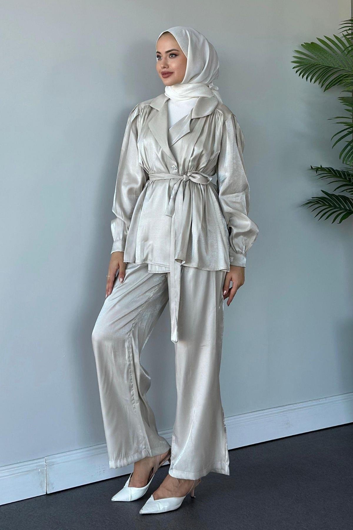 Beli Büzgülü Taşlı Luna Takım Bej, Fiyatları 