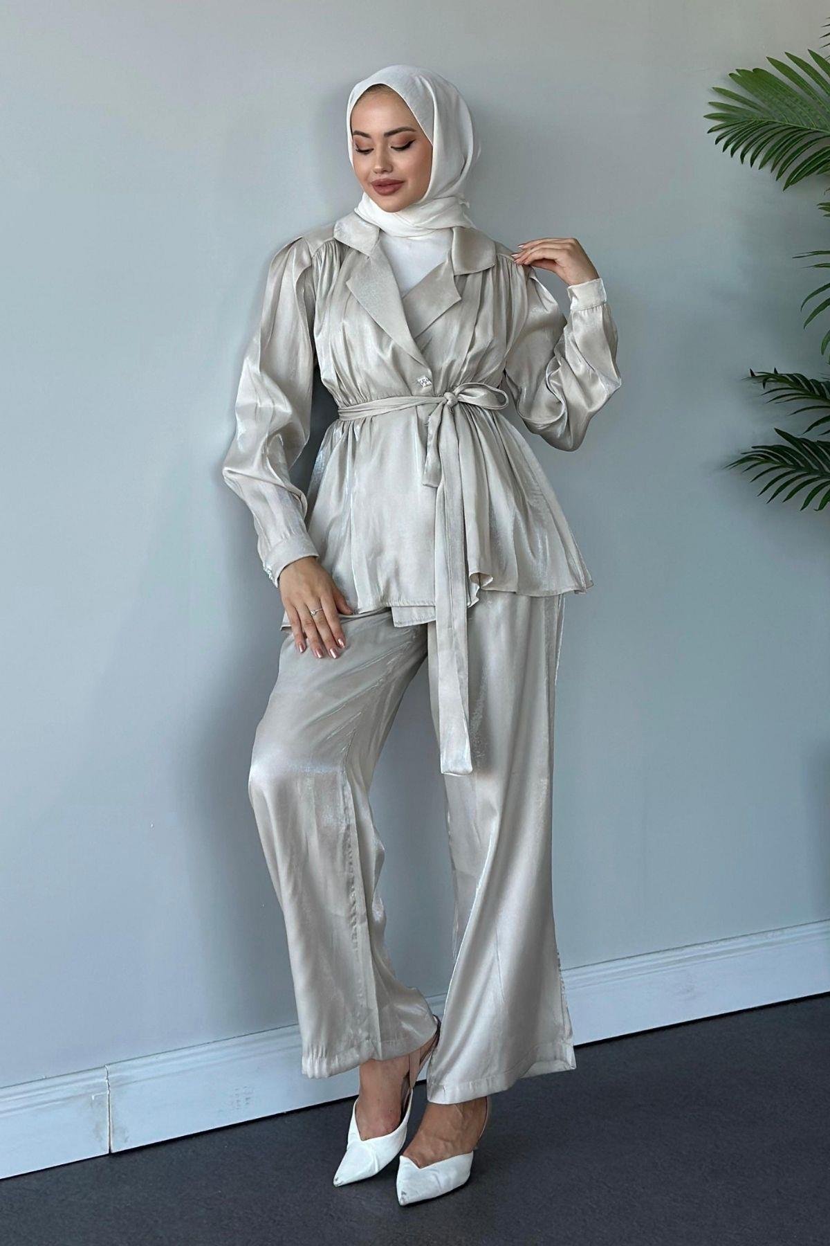 Beli Büzgülü Taşlı Luna Takım Bej, Fiyatları 