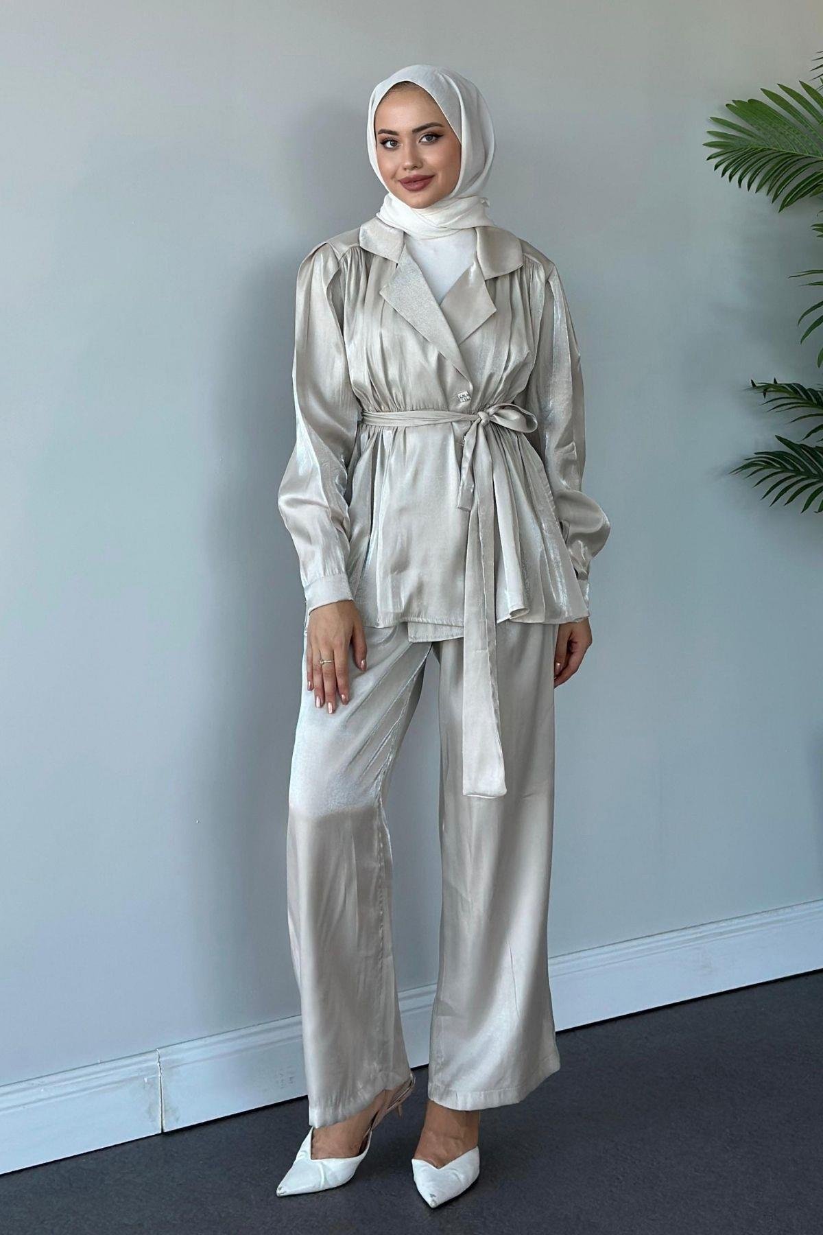 Beli Büzgülü Taşlı Luna Takım Bej, Fiyatları 