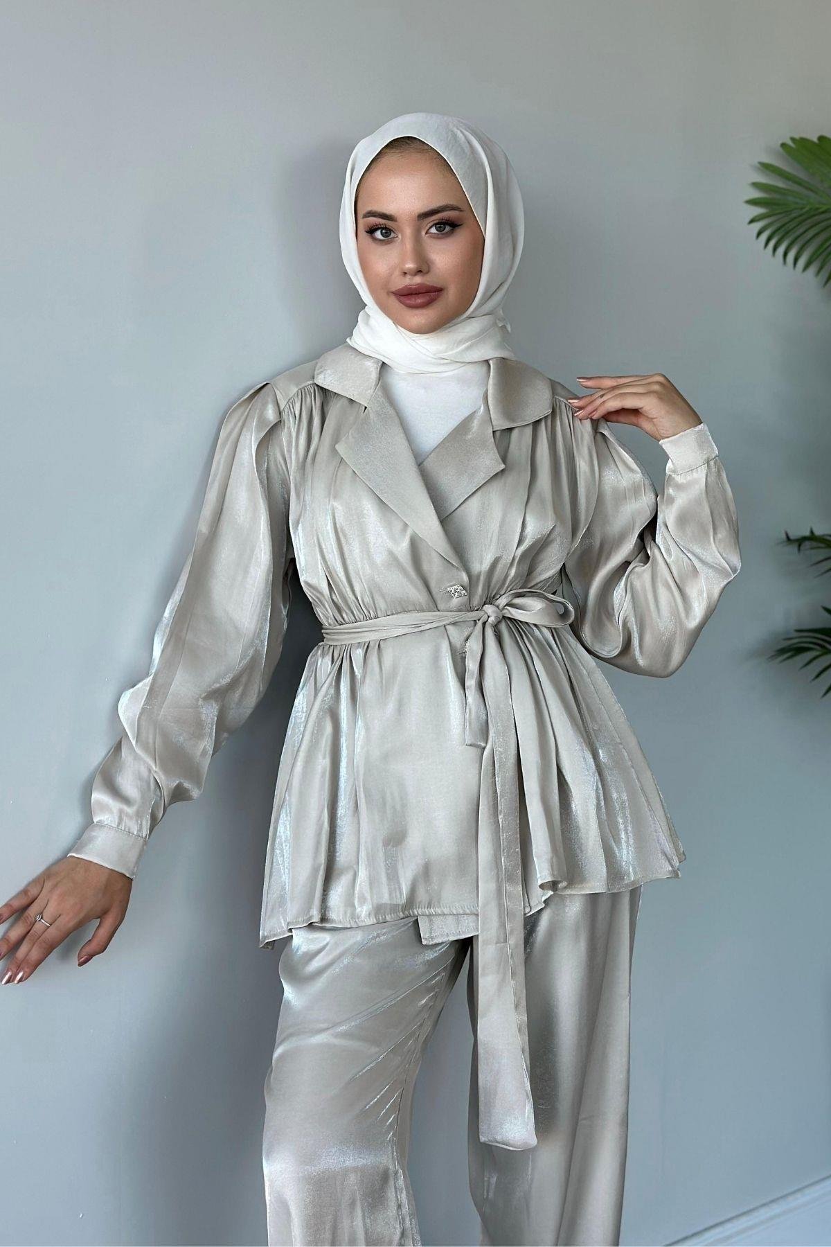 Beli Büzgülü Taşlı Luna Takım Bej, Fiyatları 