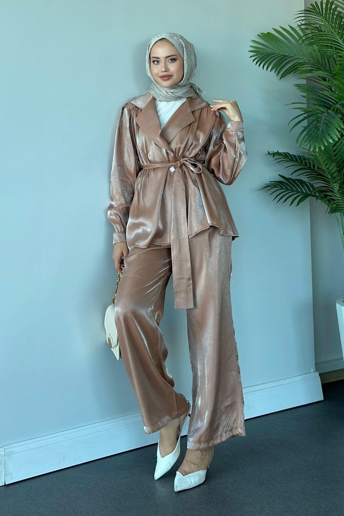 Beli Büzgülü Taşlı Luna Takım Camel, Fiyatları 