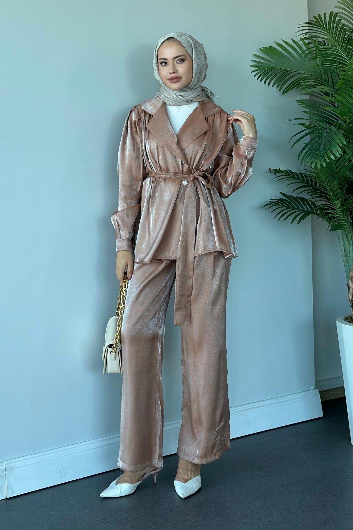 Beli Büzgülü Taşlı Luna Takım Camel, Fiyatları 