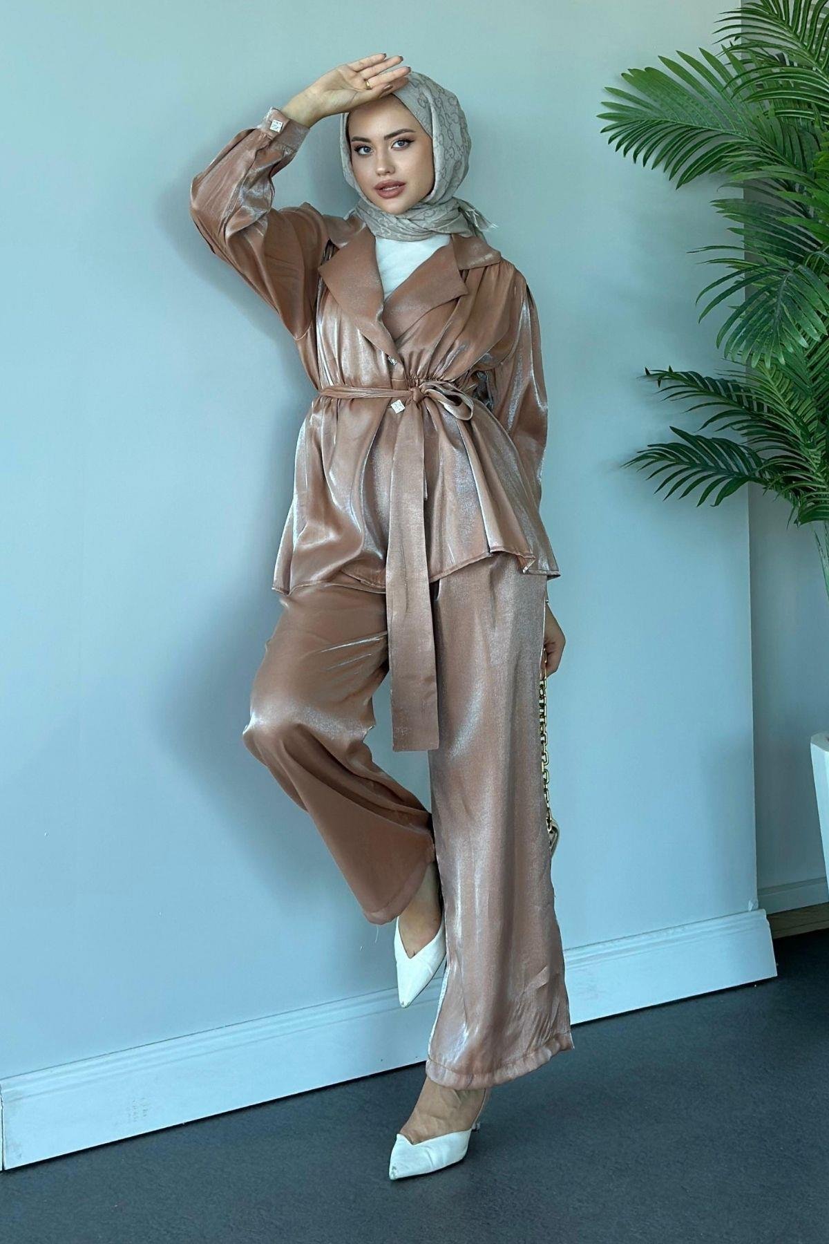 Beli Büzgülü Taşlı Luna Takım Camel, Fiyatları 