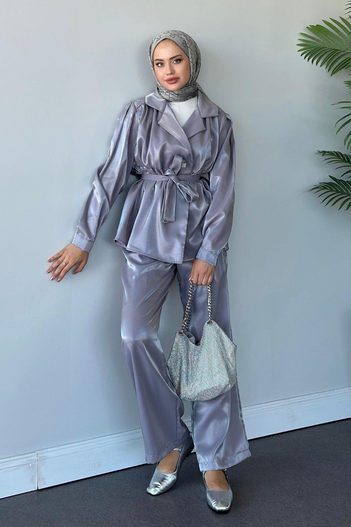 Beli Büzgülü Taşlı Luna Takım Gri, Fiyatları 