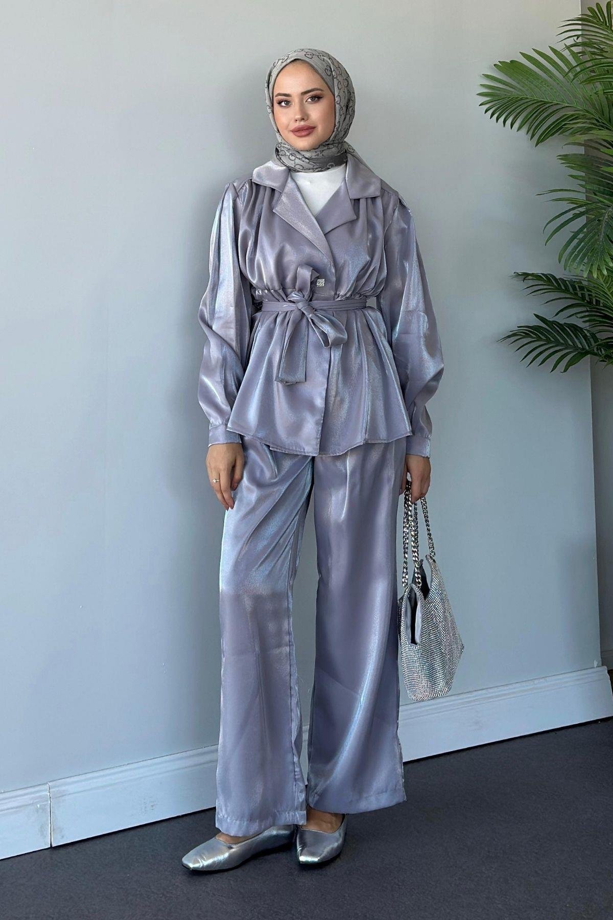 Beli Büzgülü Taşlı Luna Takım Gri, Fiyatları 