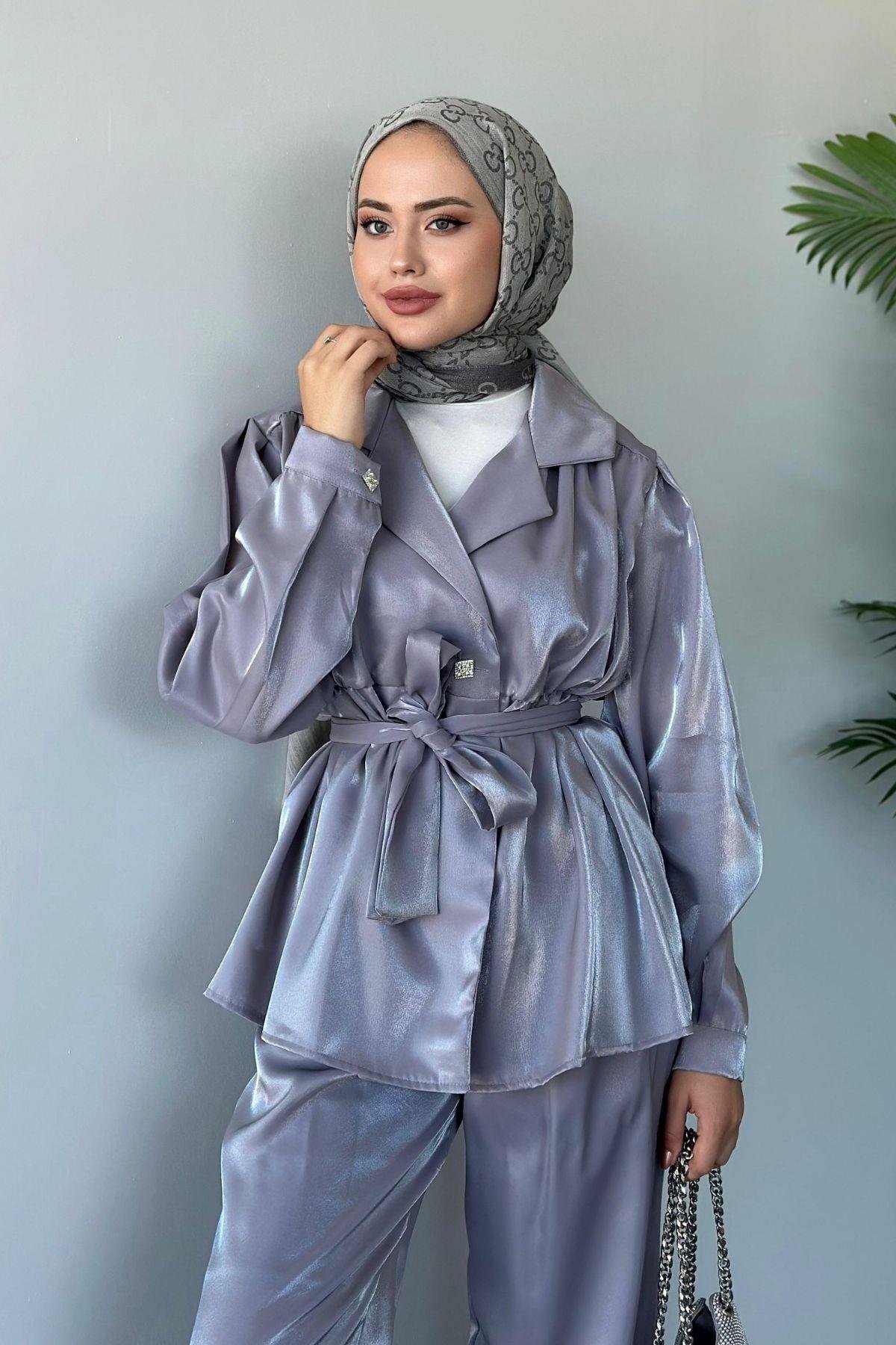 Beli Büzgülü Taşlı Luna Takım Gri, Fiyatları 