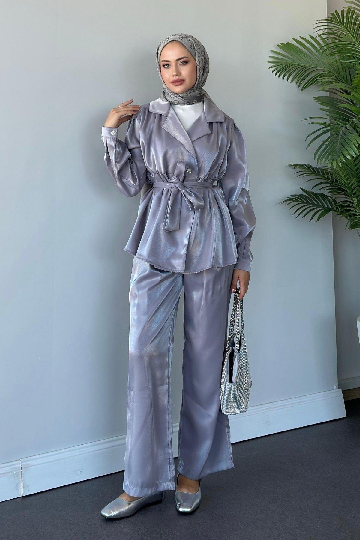 Beli Büzgülü Taşlı Luna Takım Gri, Fiyatları 