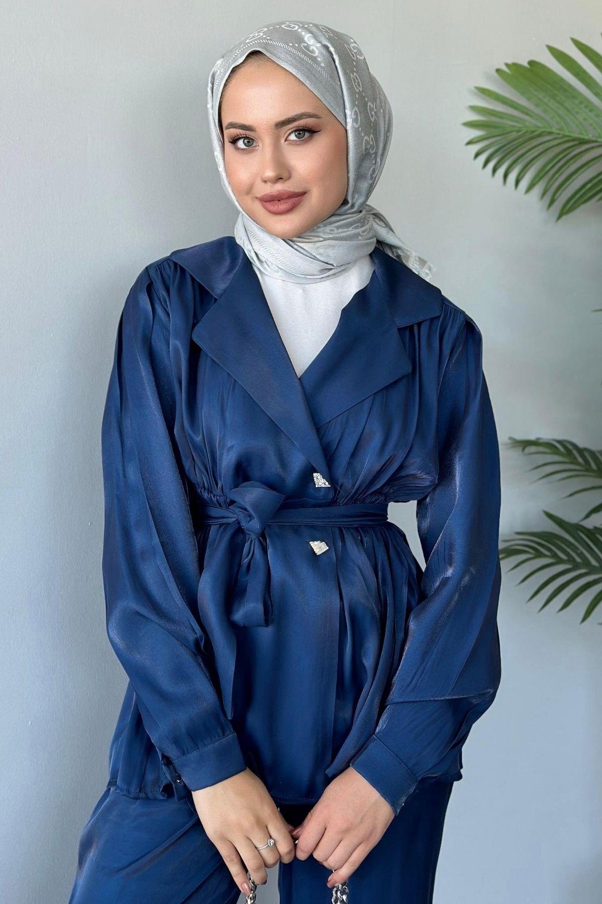 Beli Büzgülü Taşlı Luna Takım Lacivert, Fiyatları 