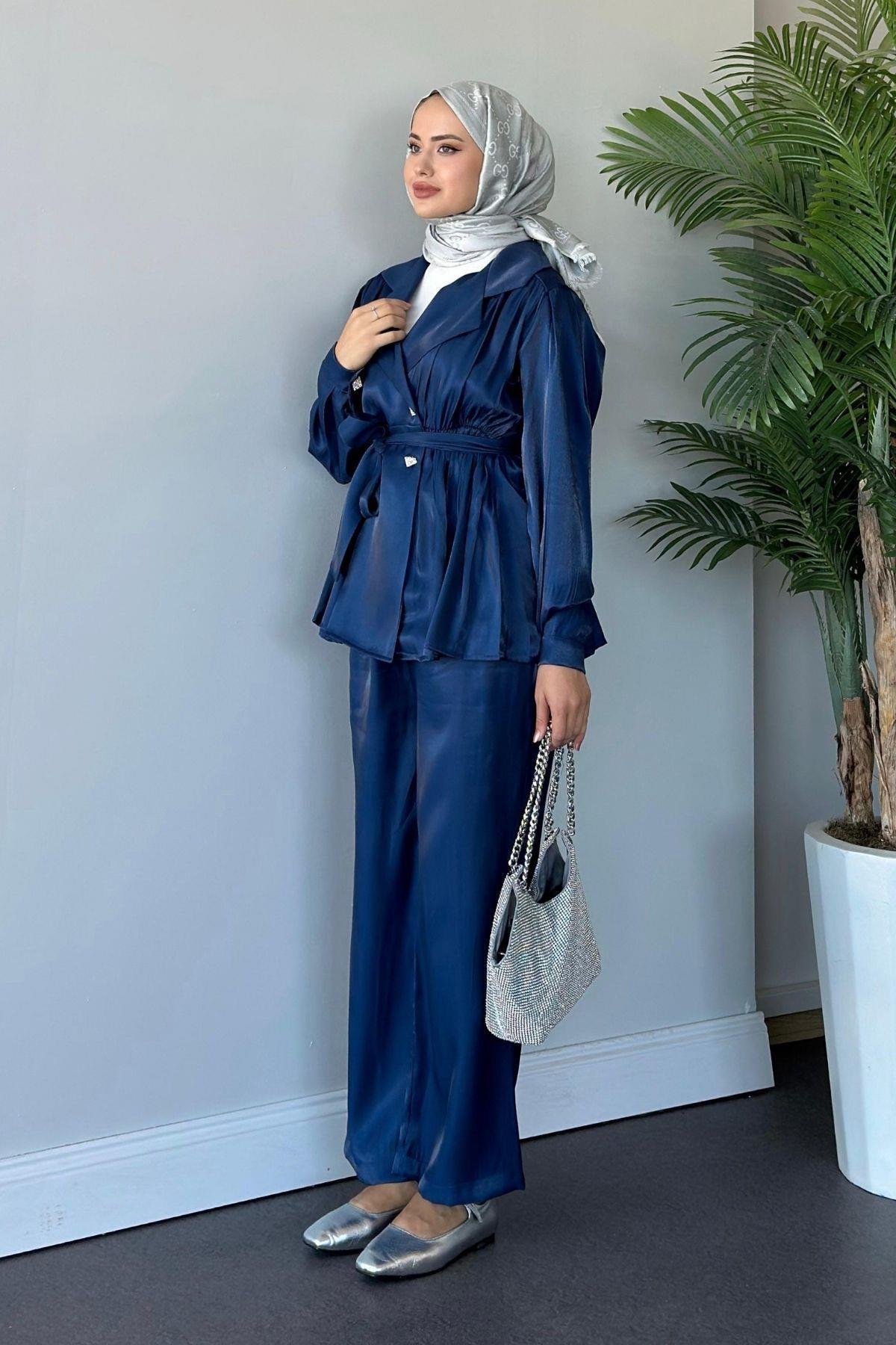 Beli Büzgülü Taşlı Luna Takım Lacivert, Fiyatları 