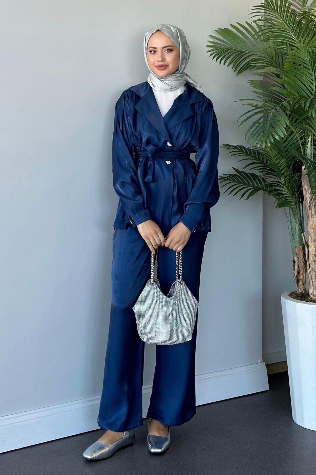 Beli Büzgülü Taşlı Luna Takım Lacivert, Fiyatları 