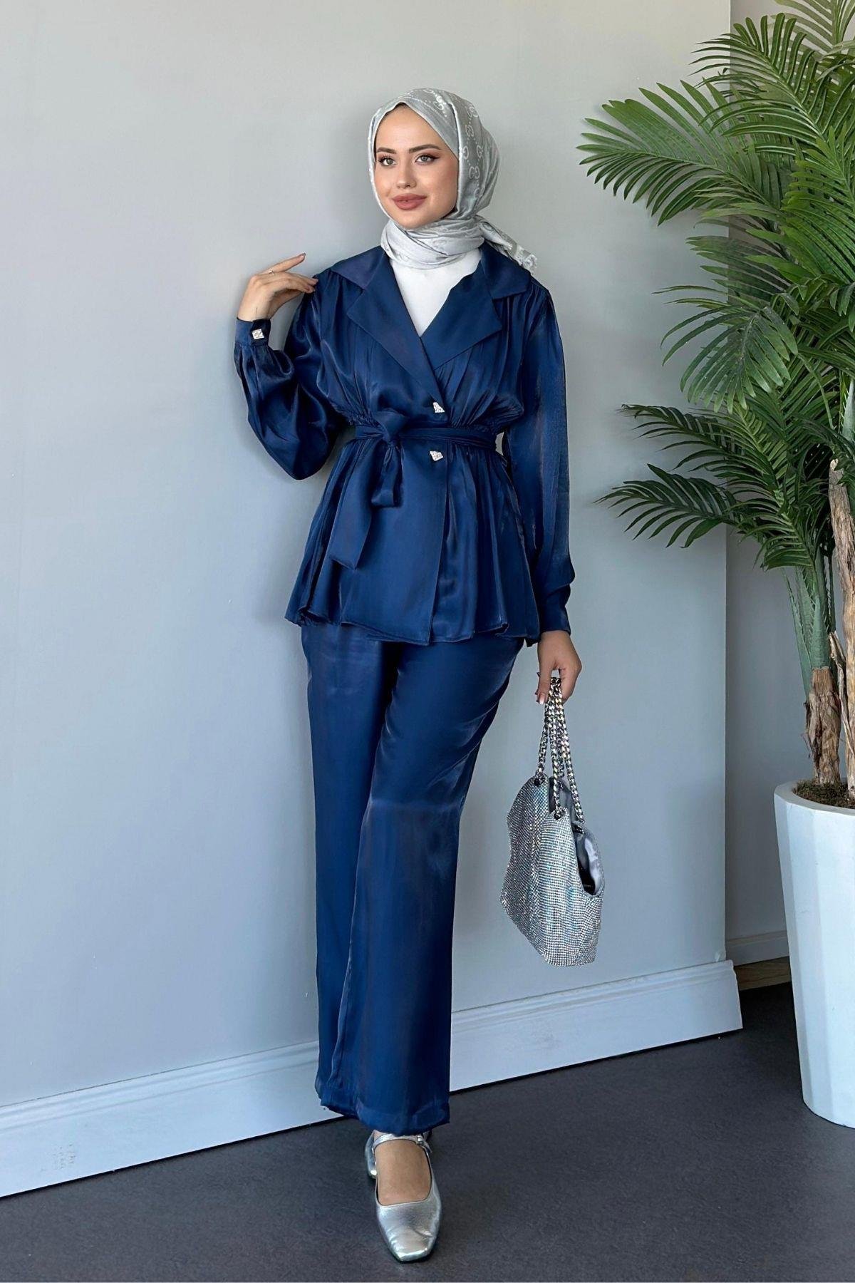 Beli Büzgülü Taşlı Luna Takım Lacivert, Fiyatları 