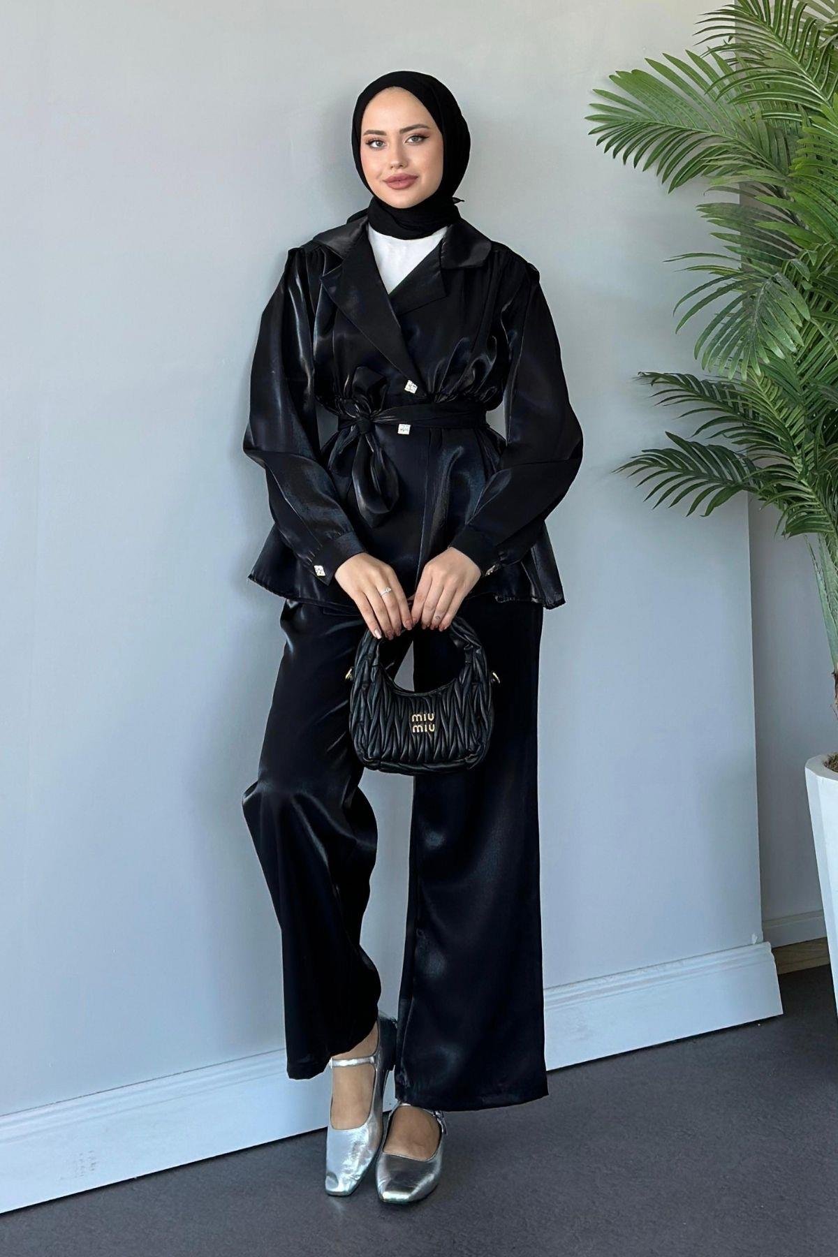 Beli Büzgülü Taşlı Luna Takım Siyah, Fiyatları 