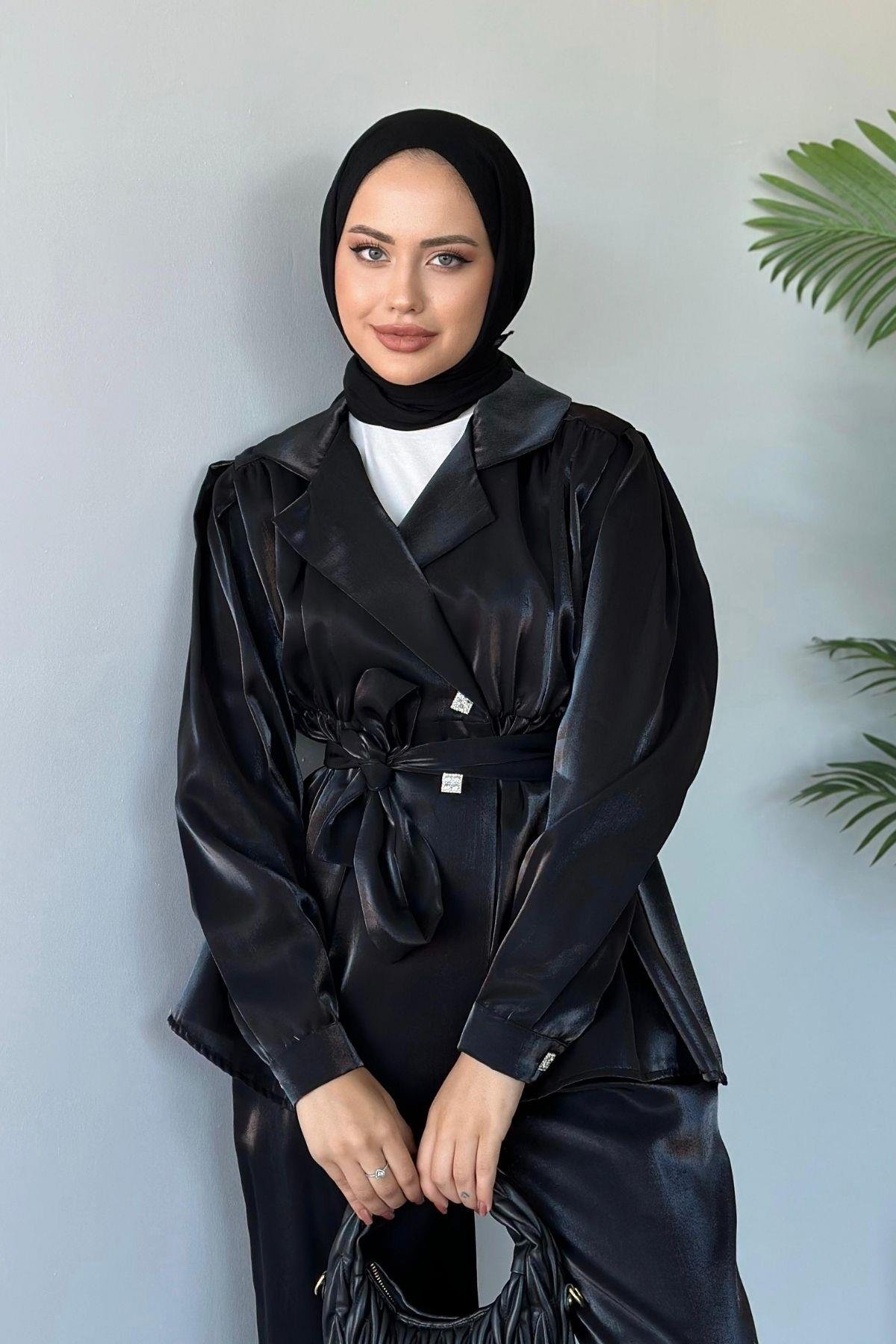 Beli Büzgülü Taşlı Luna Takım Siyah, Fiyatları 