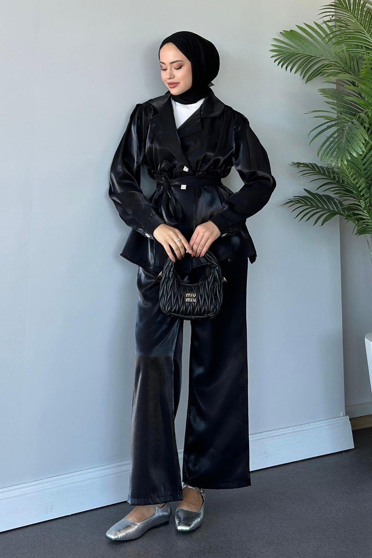 Beli Büzgülü Taşlı Luna Takım Siyah, Fiyatları 