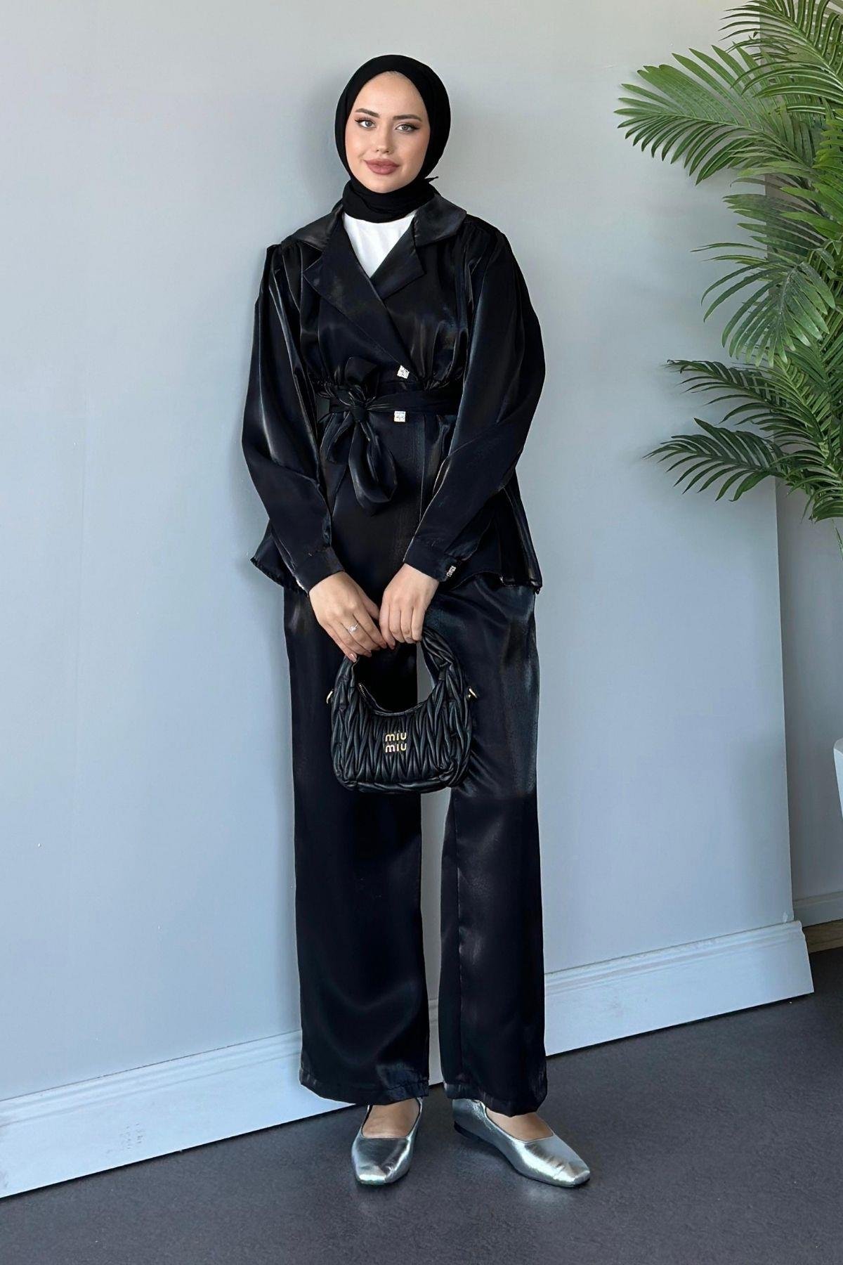 Beli Büzgülü Taşlı Luna Takım Siyah, Fiyatları 