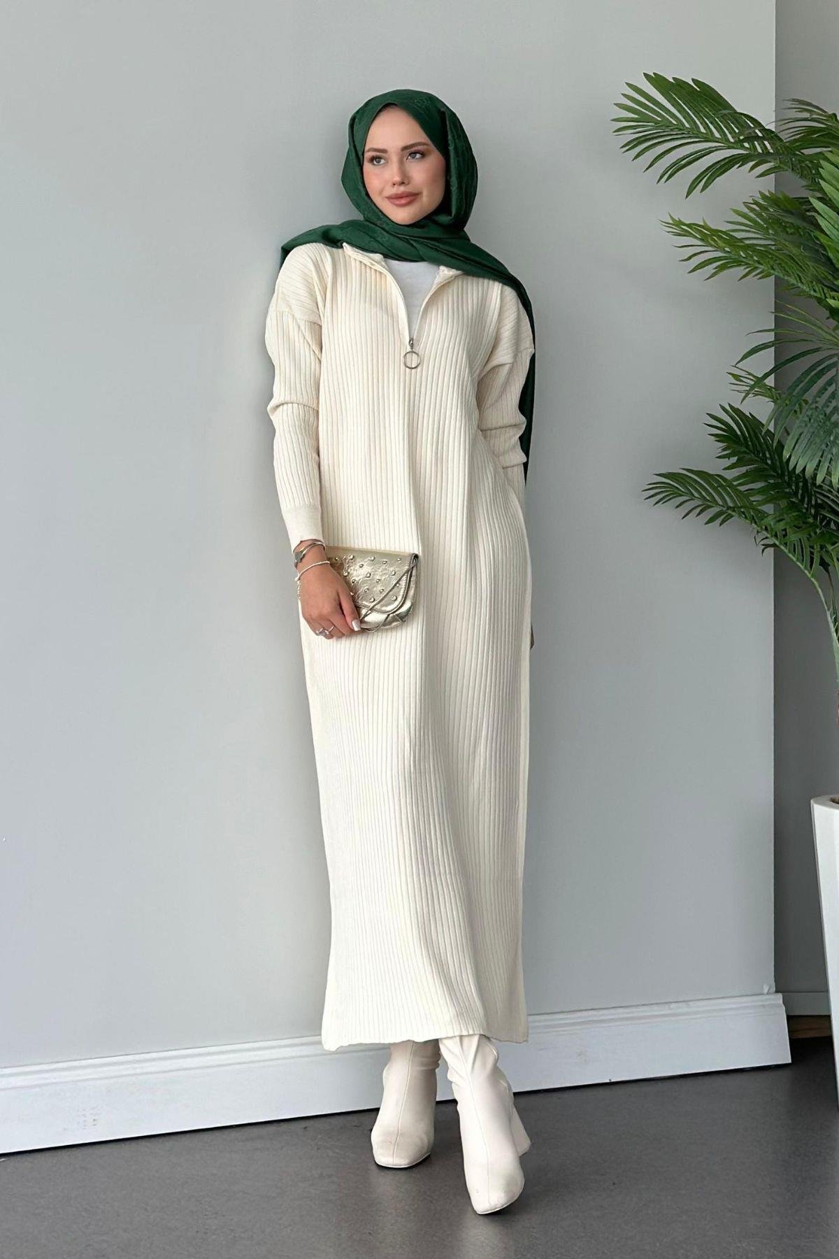 Bisiklet Yaka Triko Elbise Ekru, Fiyatları 