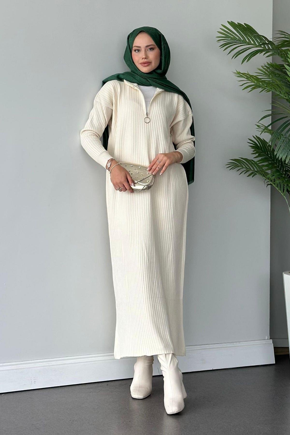 Bisiklet Yaka Triko Elbise Ekru, Fiyatları 