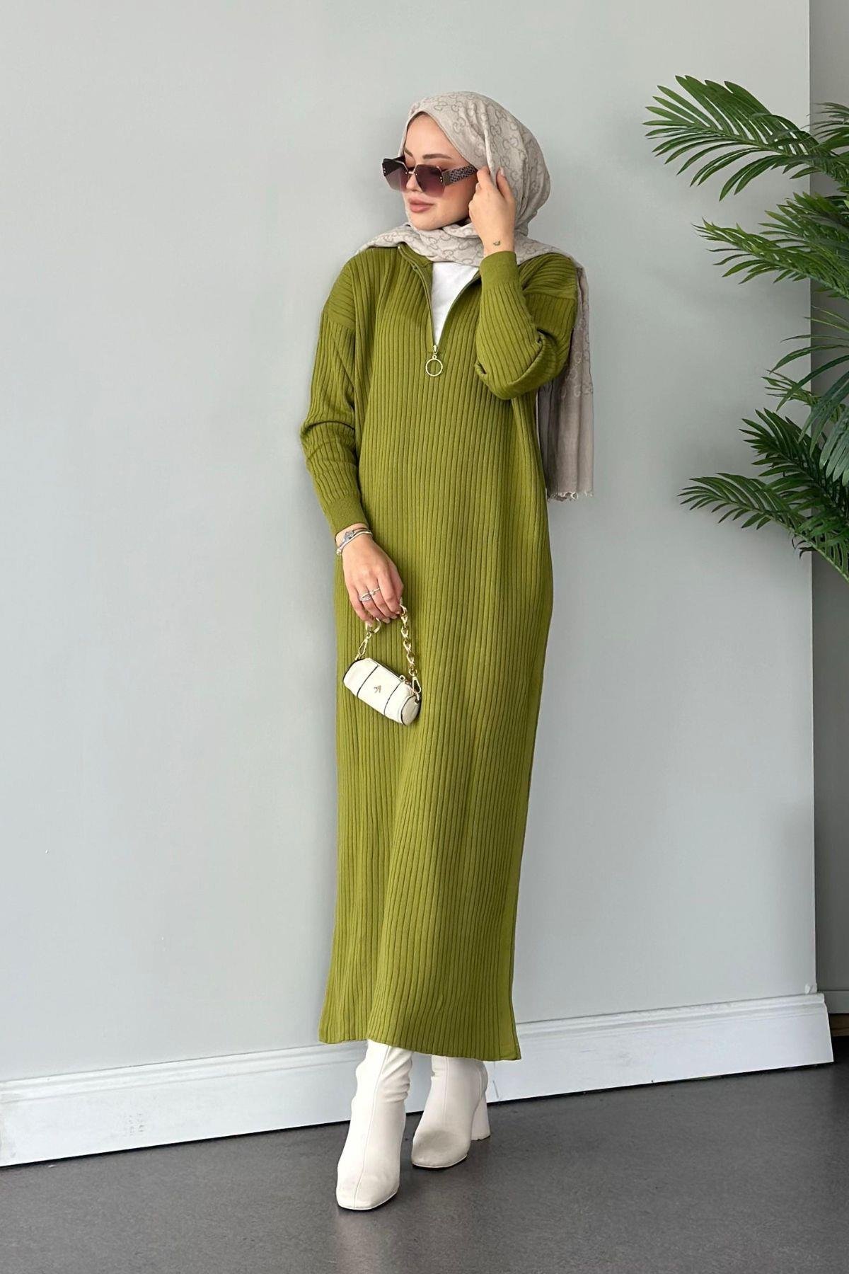 Bisiklet Yaka Triko Elbise Yağyeşili, Fiyatları 