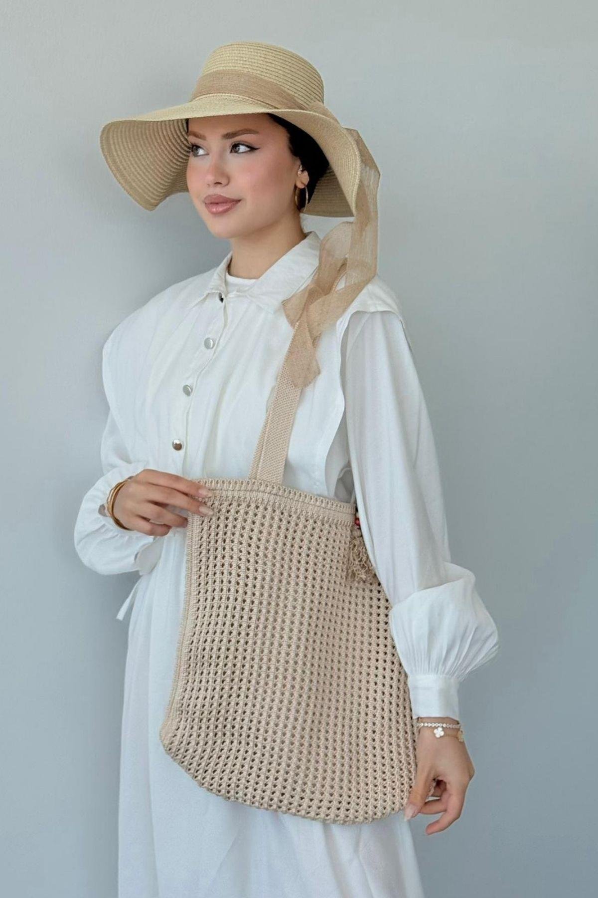 Boncuklu Hasır Çanta Bej, Fiyatları Boncuklu Hasır Çanta Bej- Haza Moda 