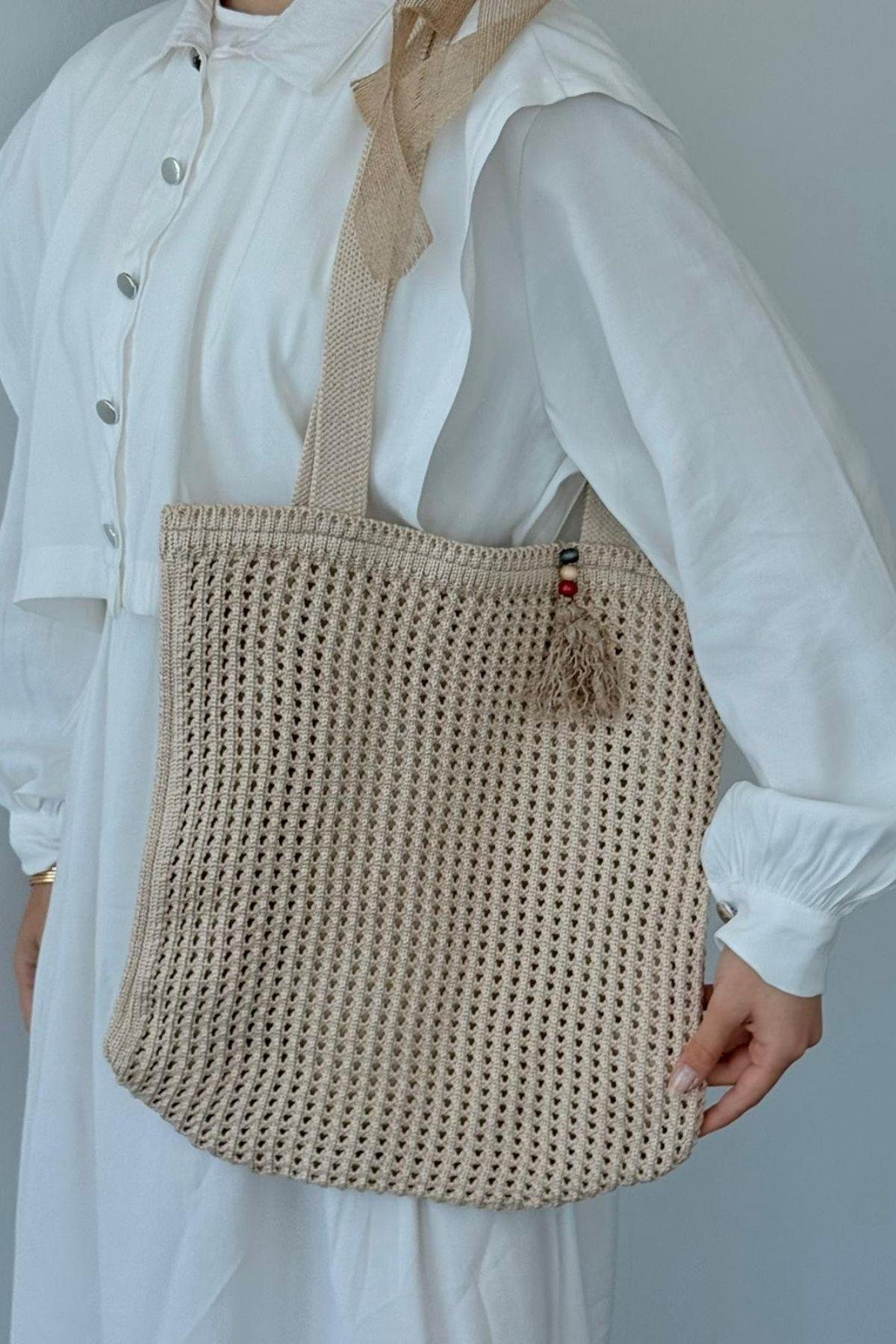 Boncuklu Hasır Çanta Bej, Fiyatları Boncuklu Hasır Çanta Bej- Haza Moda 