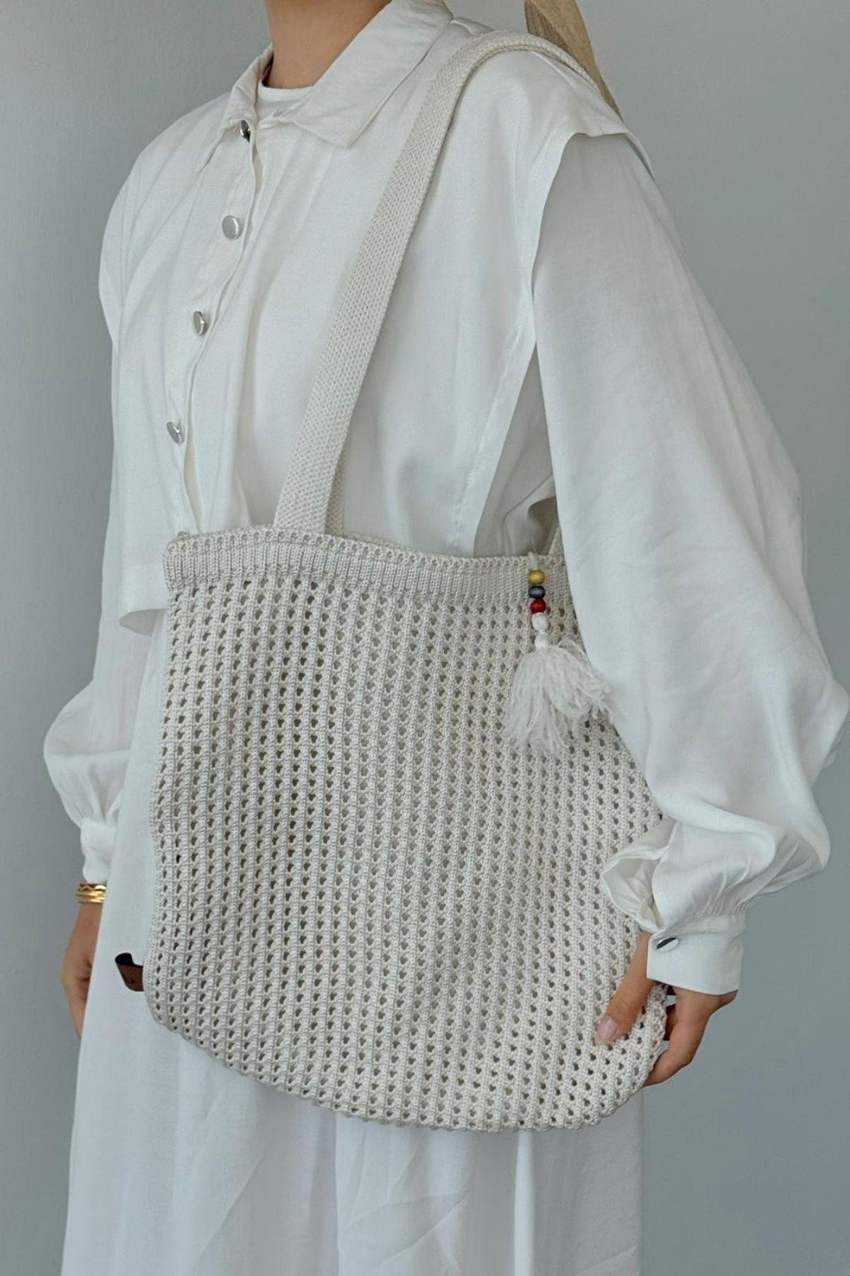 Boncuklu Hasır Çanta Beyaz, Fiyatları Boncuklu Hasır Çanta Beyaz- Haza Moda 