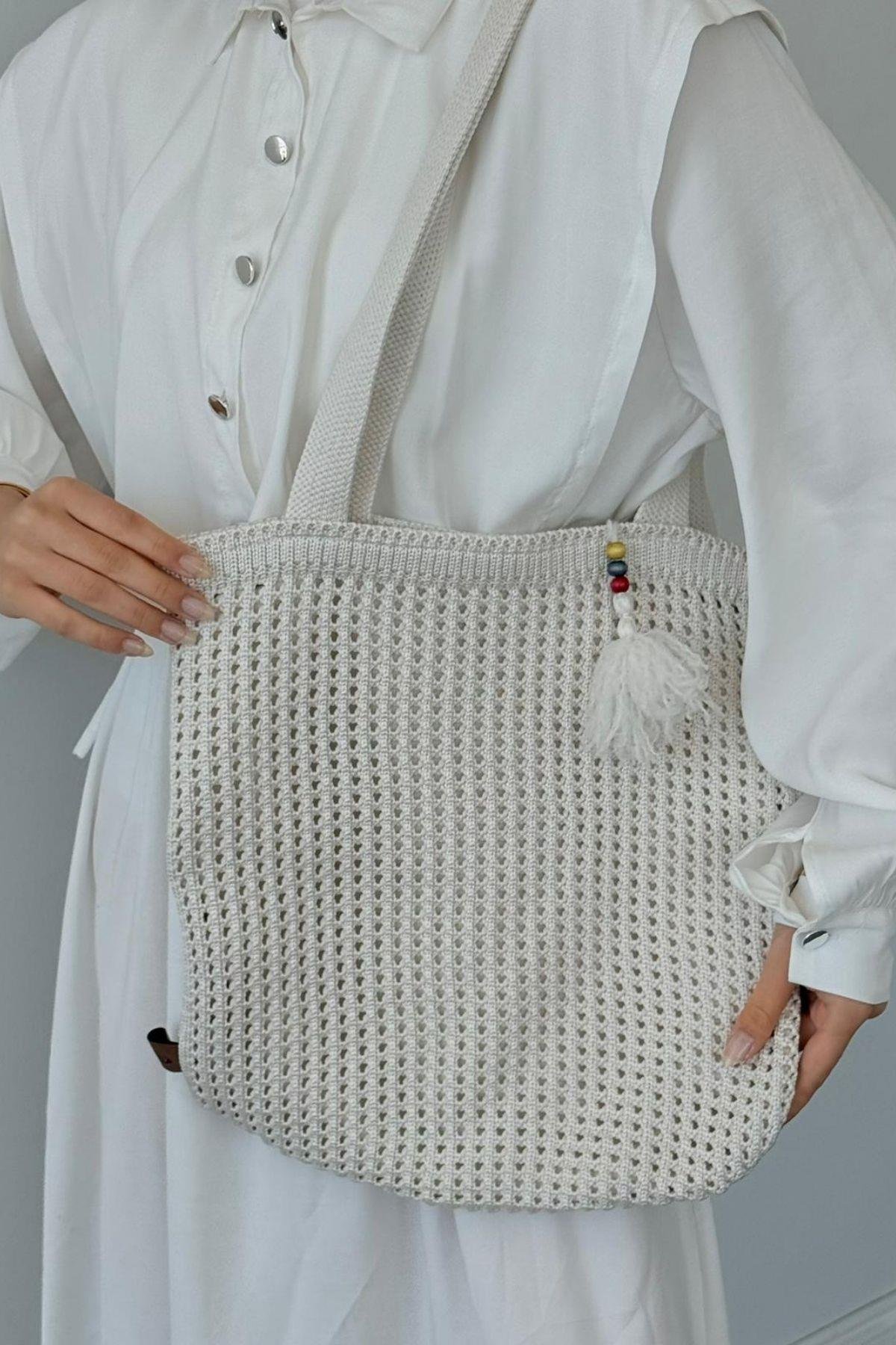 Boncuklu Hasır Çanta Beyaz, Fiyatları Boncuklu Hasır Çanta Beyaz- Haza Moda 