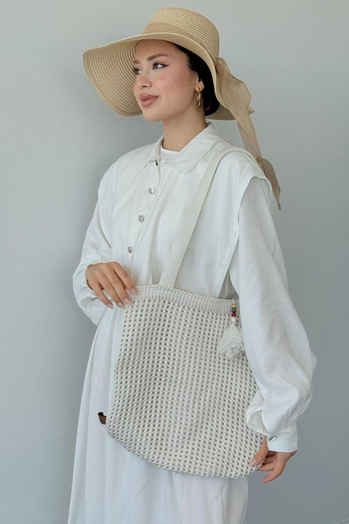 Boncuklu Hasır Çanta Beyaz, Fiyatları Boncuklu Hasır Çanta Beyaz- Haza Moda 
