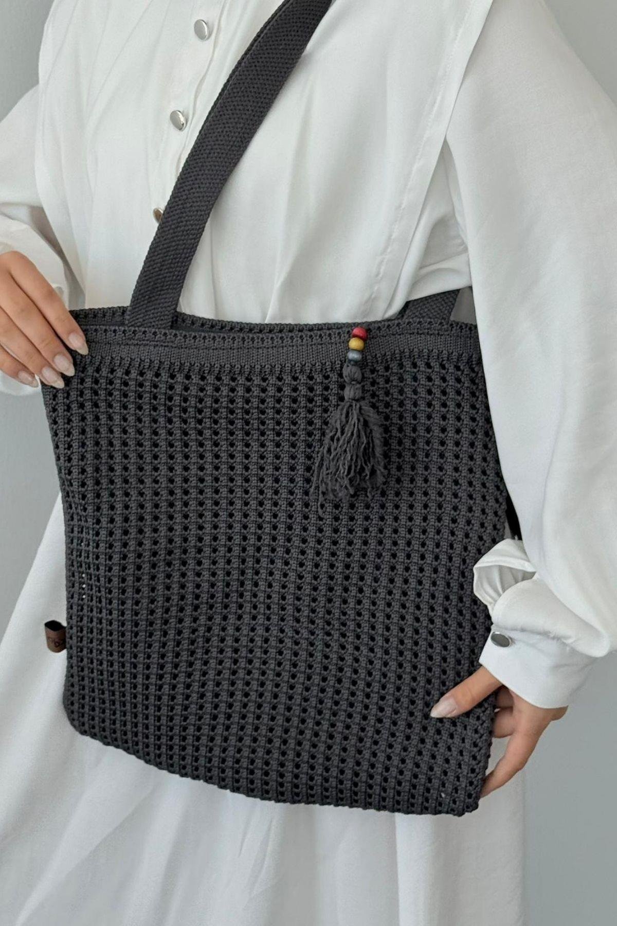 Boncuklu Hasır Çanta Füme, Fiyatları Boncuklu Hasır Çanta Füme- Haza Moda 