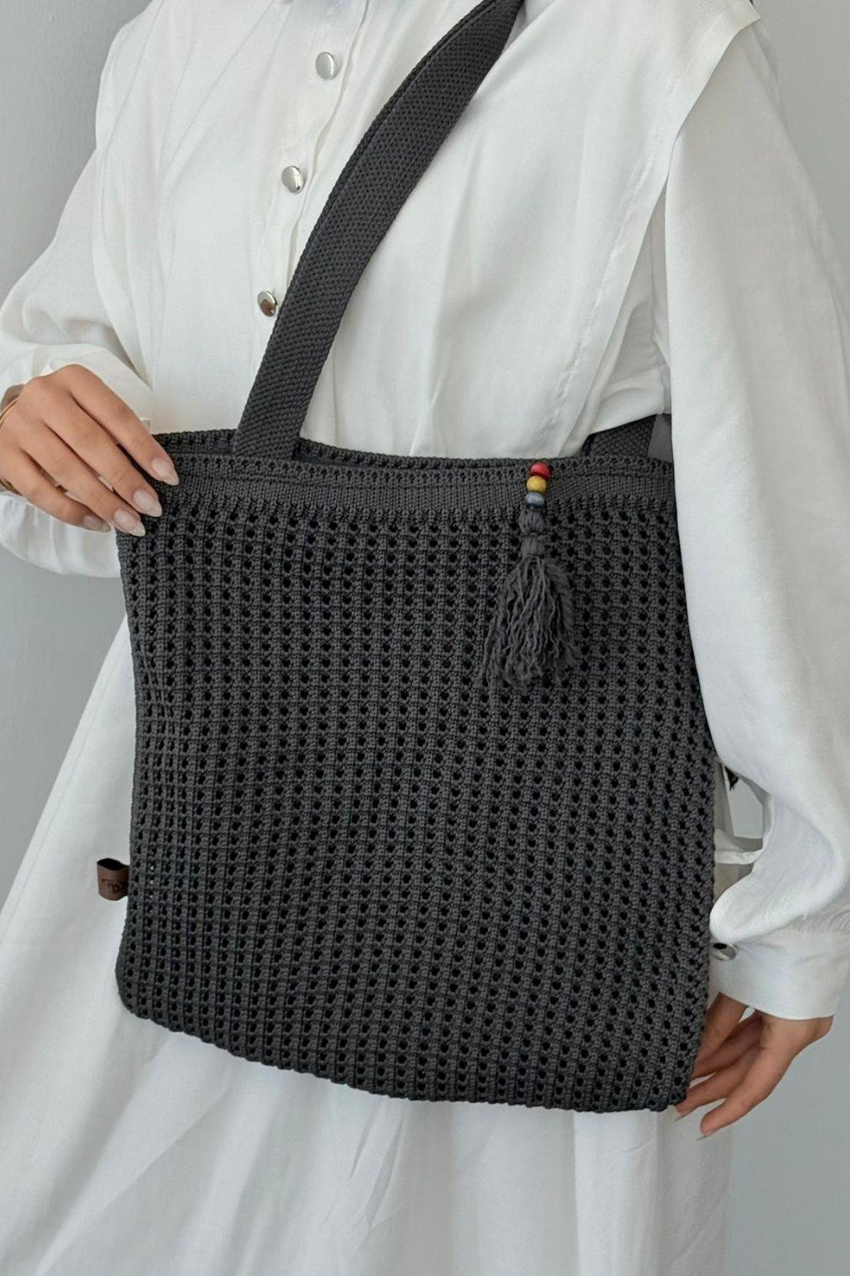 Boncuklu Hasır Çanta Füme, Fiyatları Boncuklu Hasır Çanta Füme- Haza Moda 