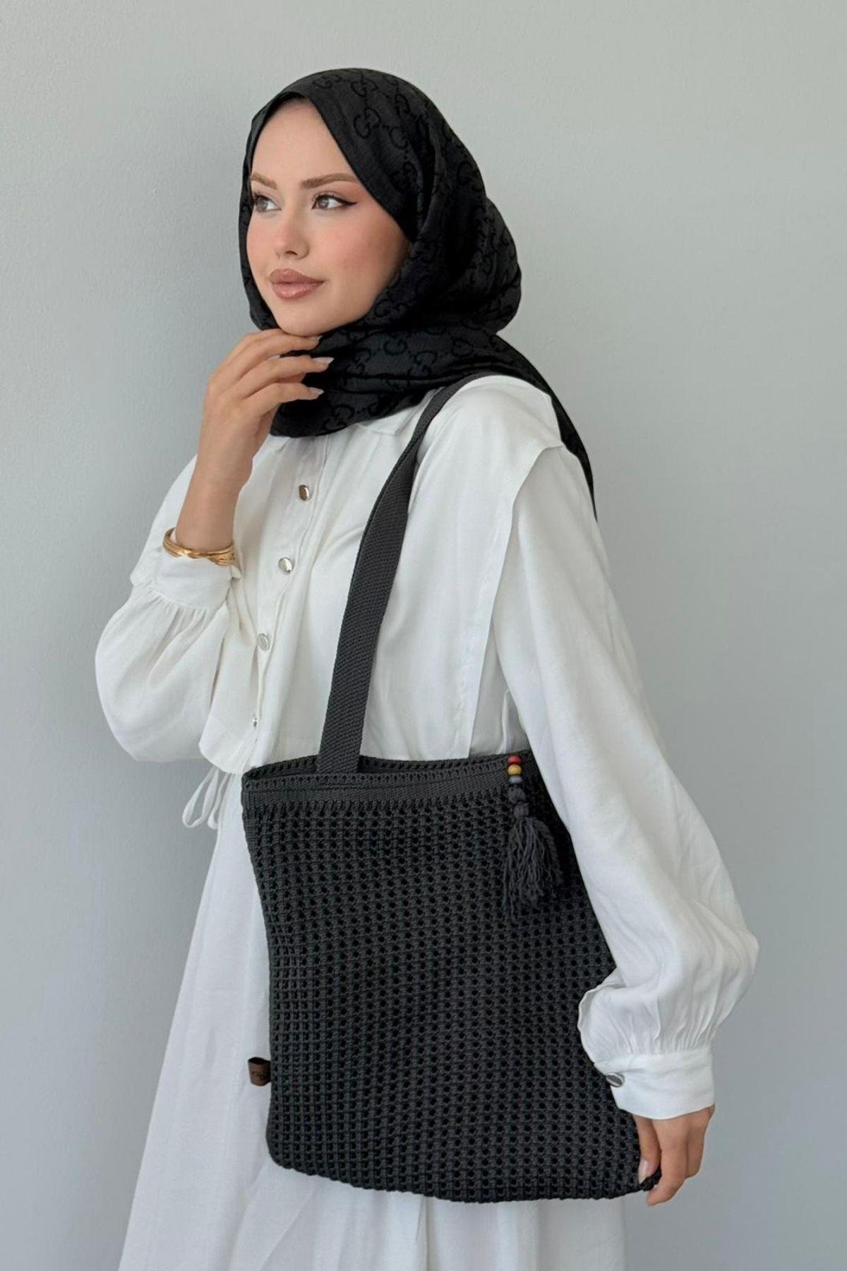 Boncuklu Hasır Çanta Füme, Fiyatları Boncuklu Hasır Çanta Füme- Haza Moda 