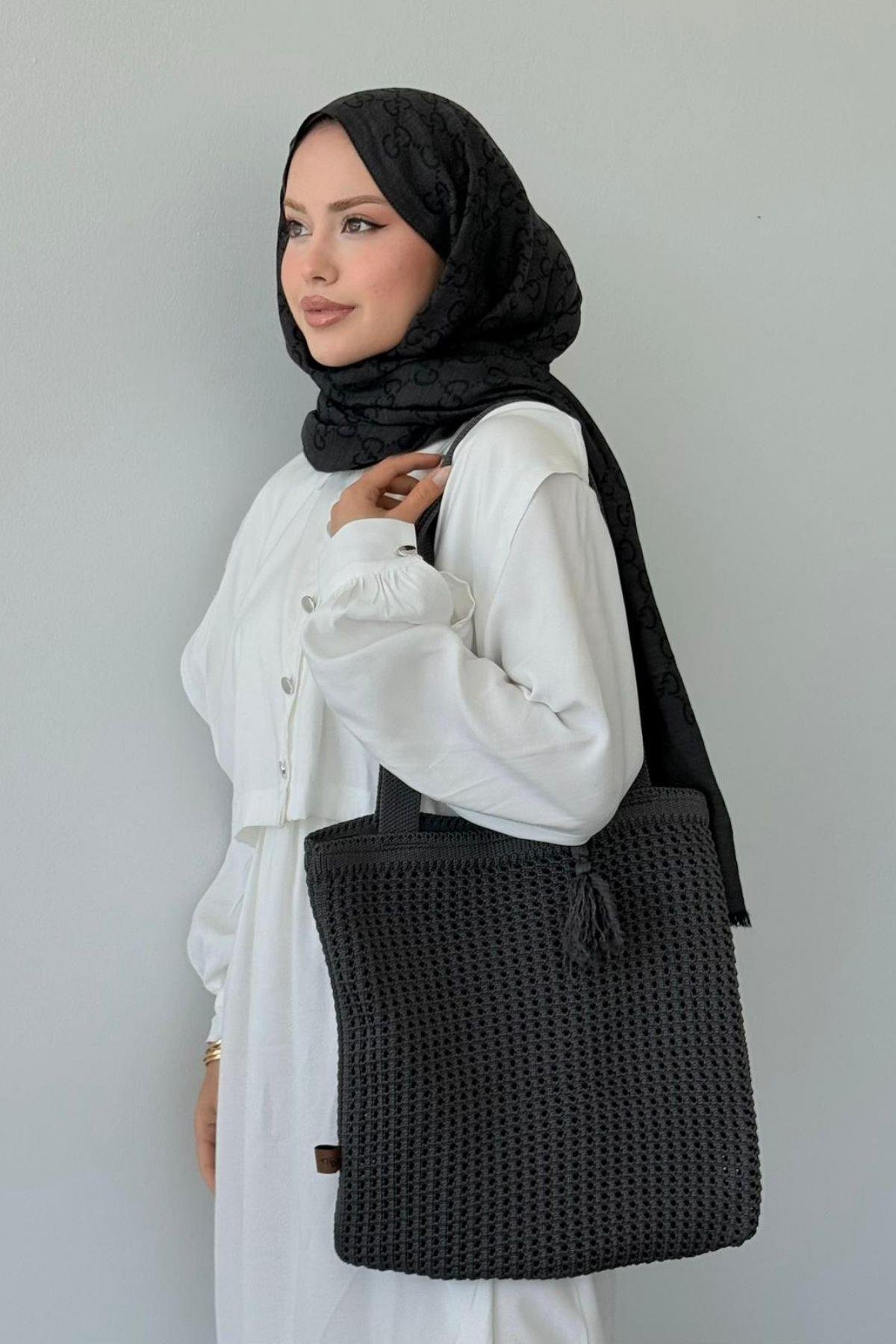 Boncuklu Hasır Çanta Füme, Fiyatları Boncuklu Hasır Çanta Füme- Haza Moda 