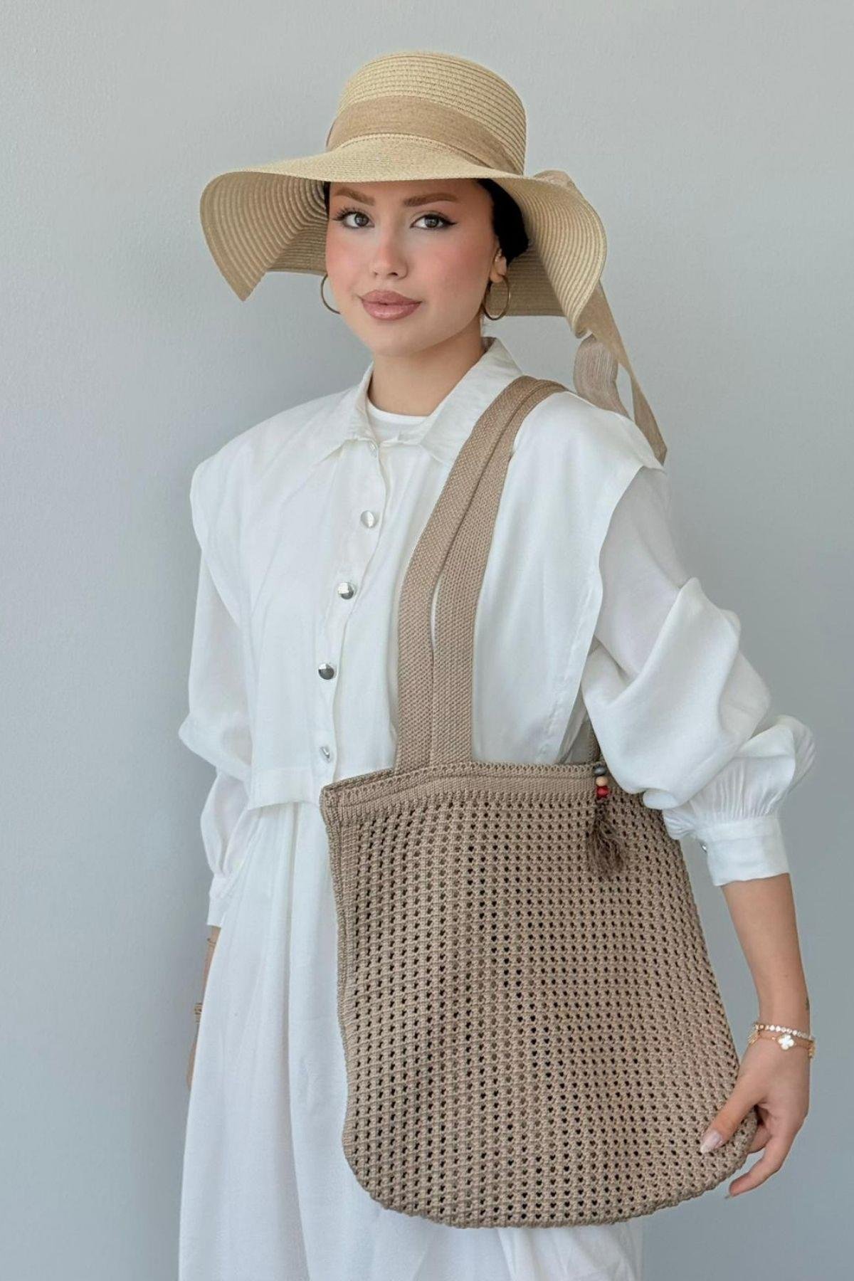 Boncuklu Hasır Çanta Vizon, Fiyatları Boncuklu Hasır Çanta Vizon- Haza Moda 